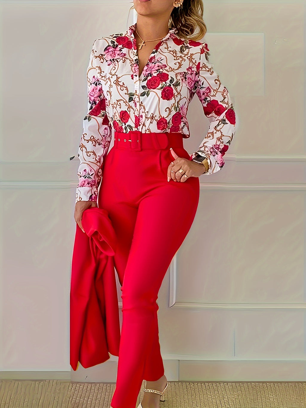 Elegant Two-piece Set, Floral Print V Neck Long Sleeve Blouse & Solid Belted Tapered Pants Outfits, Women's Clothing