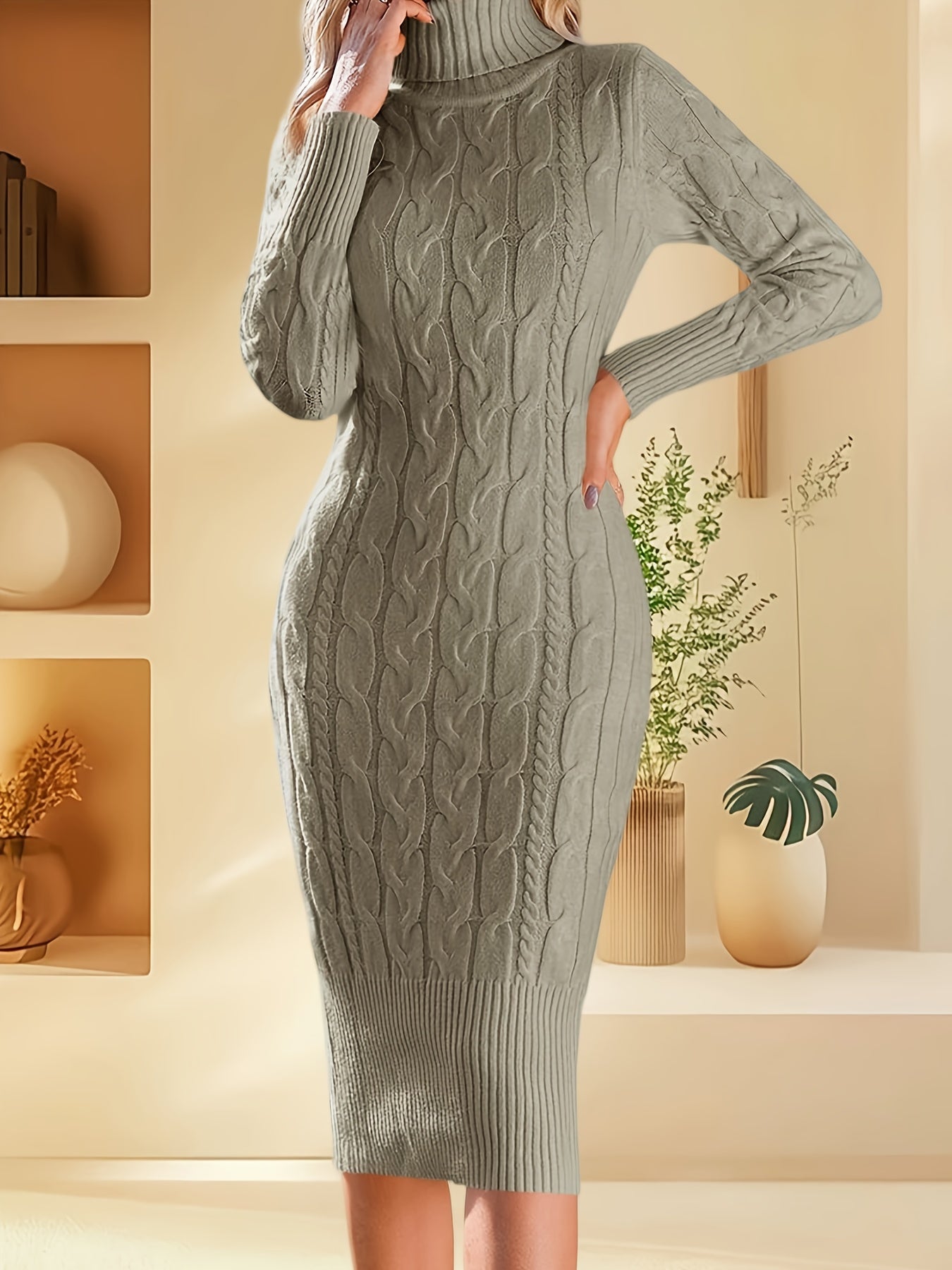 Women's Stretchy Sweater Dress - Long Sleeve Bodycon Midi, Elegant Turtleneck Party to Casual Outfit in Lavender Purple - Machine Washable Fall Winter Dresses for Women