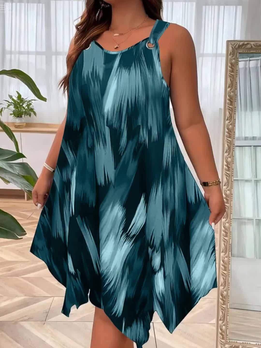Plus Size Women's Elegant Sleeveless Summer Dress - Gradient Print with Pockets, Asymmetrical Hem & Round Neck, Machine Washable Casual to Semi-Formal Wear, Casual Summer Dresses, Lightweight Fashion, Round Neckline, Flowy Si