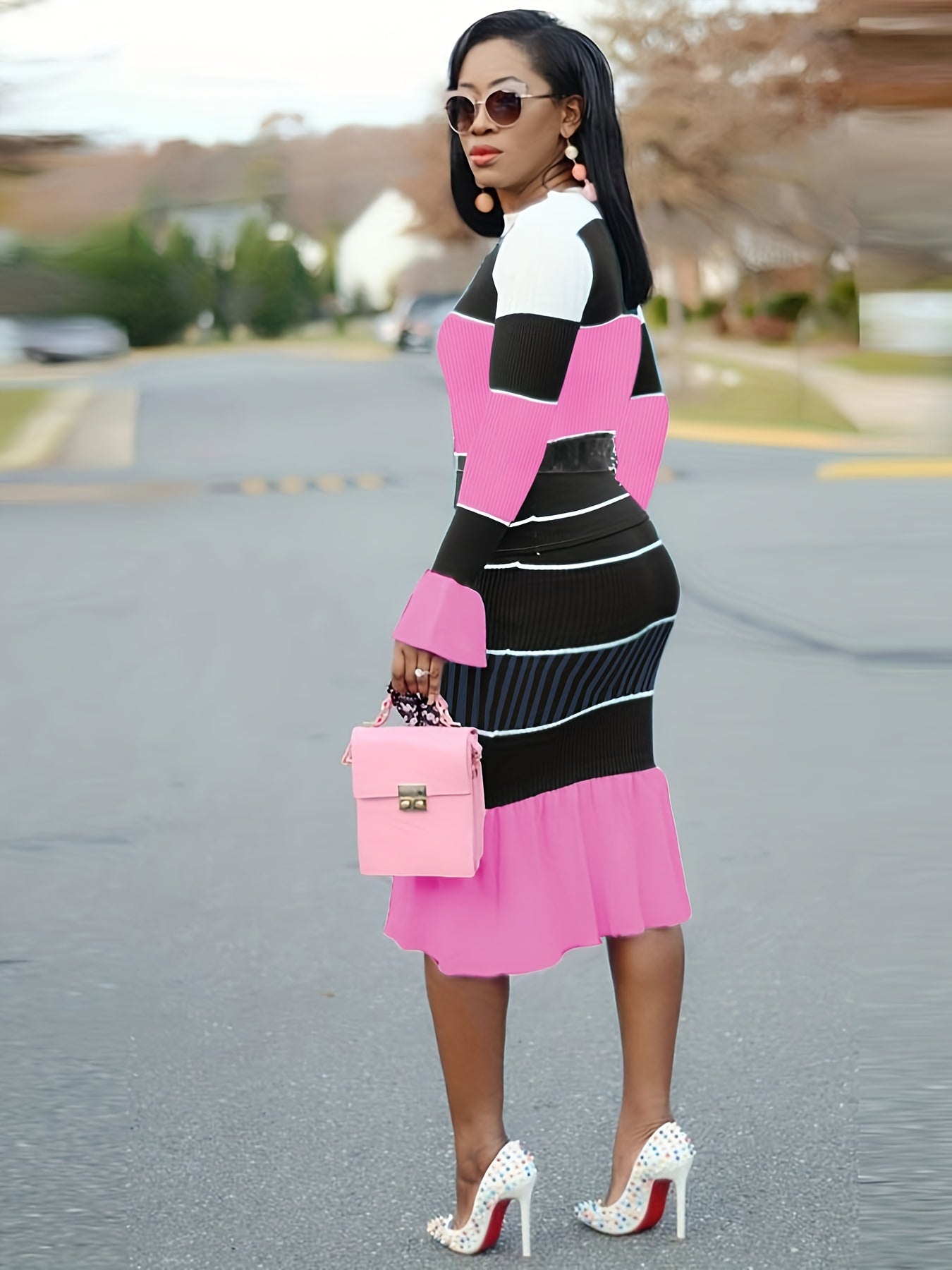 Casual Chic Color Block & Stripe Two-Piece Set - Cotton Blend Crew Neck Top with High-Elasticity Chiffon Skirt