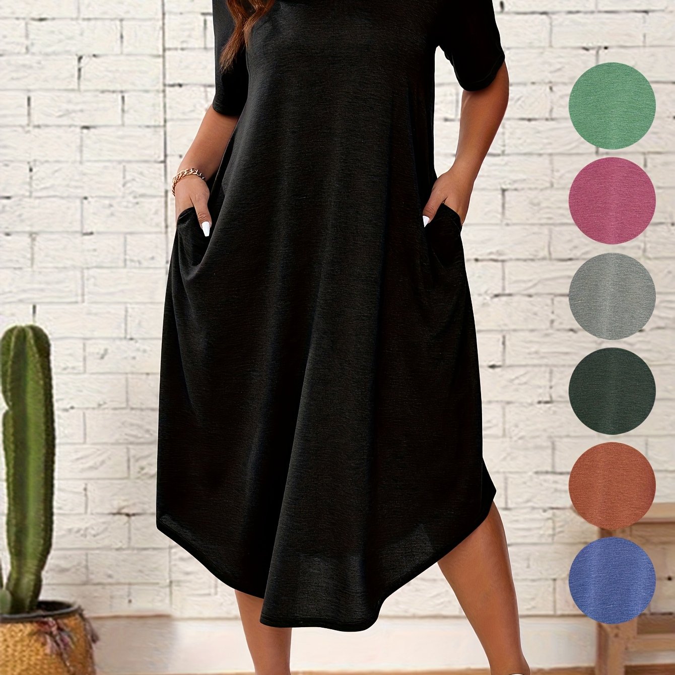 Plus Size Solid Color Dress, Casual Short Sleeve Crew Neck Dress for Spring & Summer, Women's Plus Size Clothing, Plus Size Dresses