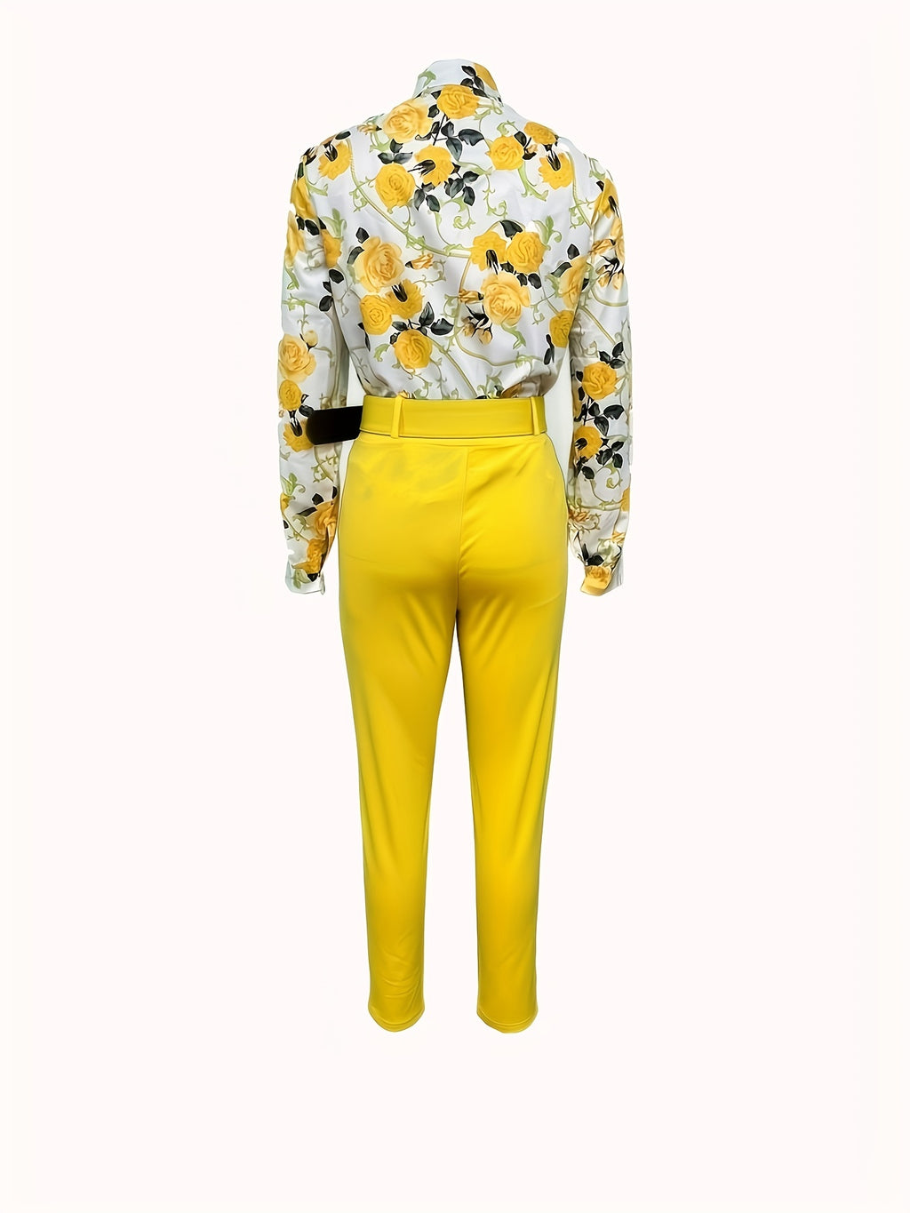 Elegant Two-piece Set, Floral Print V Neck Long Sleeve Blouse & Solid Belted Tapered Pants Outfits, Women's Clothing