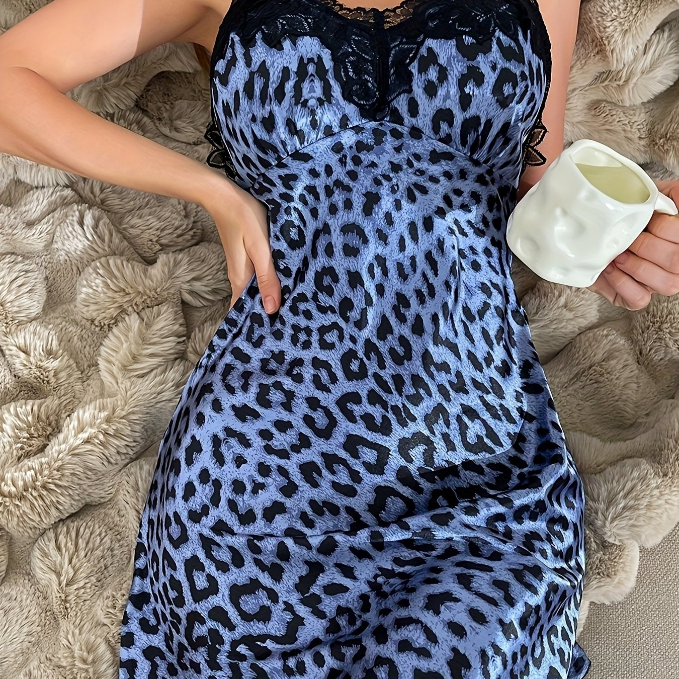 Leopard Print Lounge Dresses, Sexy Contrast Lace Deep V Spaghetti Strap Home Dress, Women's Loungewear & Dresses