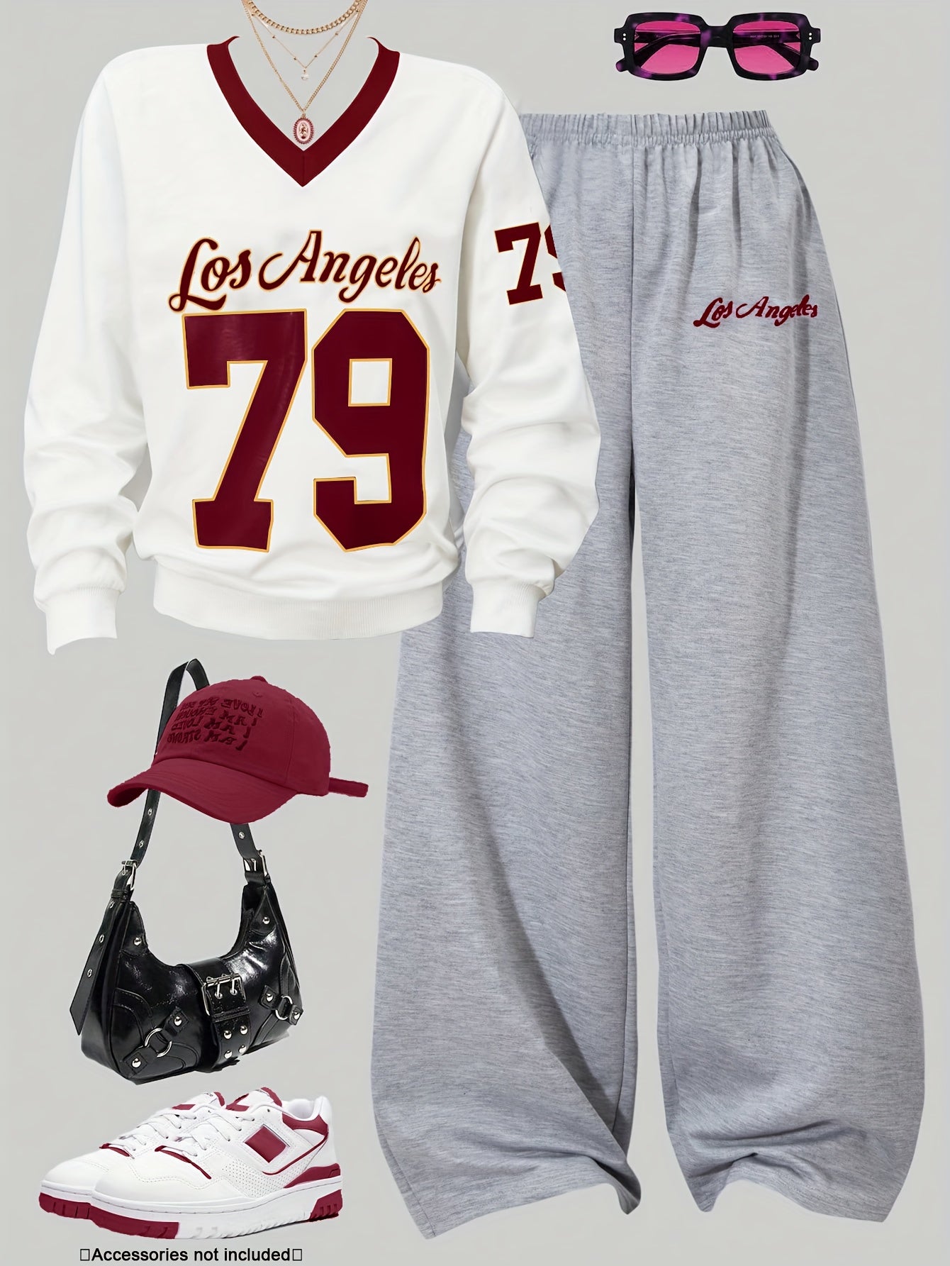 Women'S Los Angeles 79 Letter & Number Print Top and Pants Set | V-Neck Color Block Long Sleeve Top with Wide Leg Casual Pants | All-Season Fashion Outfit, Medium Stretch Fabric, Off the Shoulder Style, Casual Wear|Vneck Top|