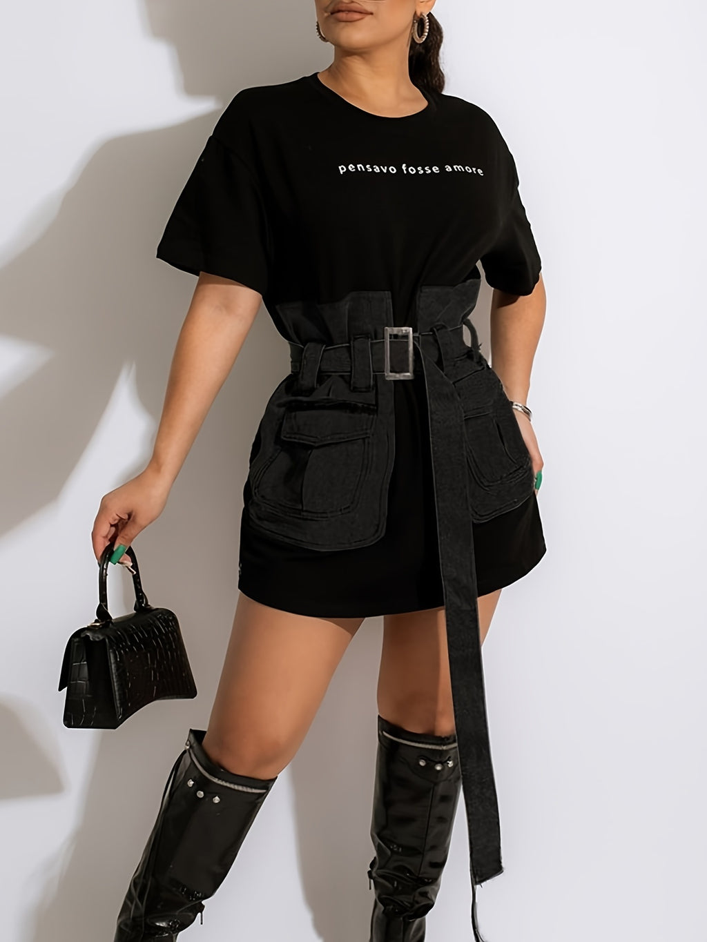 Western Crew Neck Belt Dress, Casual Loose Short Sleeve Denim Stitching Waist Summer Dresses, Women's Clothing