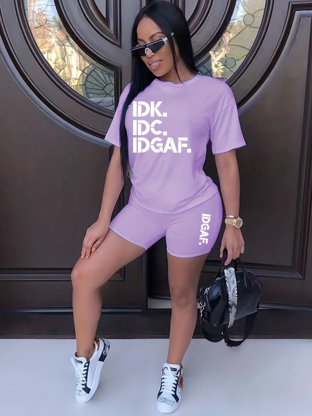 Letter Print Matching Two-piece Set, Casual Short Sleeve T-shirt & Biker Shorts Outfits, Women's Clothing