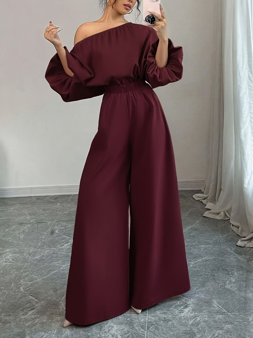 Women's Elegant Navy Blue Elegant Two-Piece Set - Structured One-Shoulder Bubble Sleeve Top & High-Waisted Wide-Leg Pants, Solid Color Winter Outfit with Puffed Sleeves, Machine Washable Formal & Everyday Winter Attire for Fa