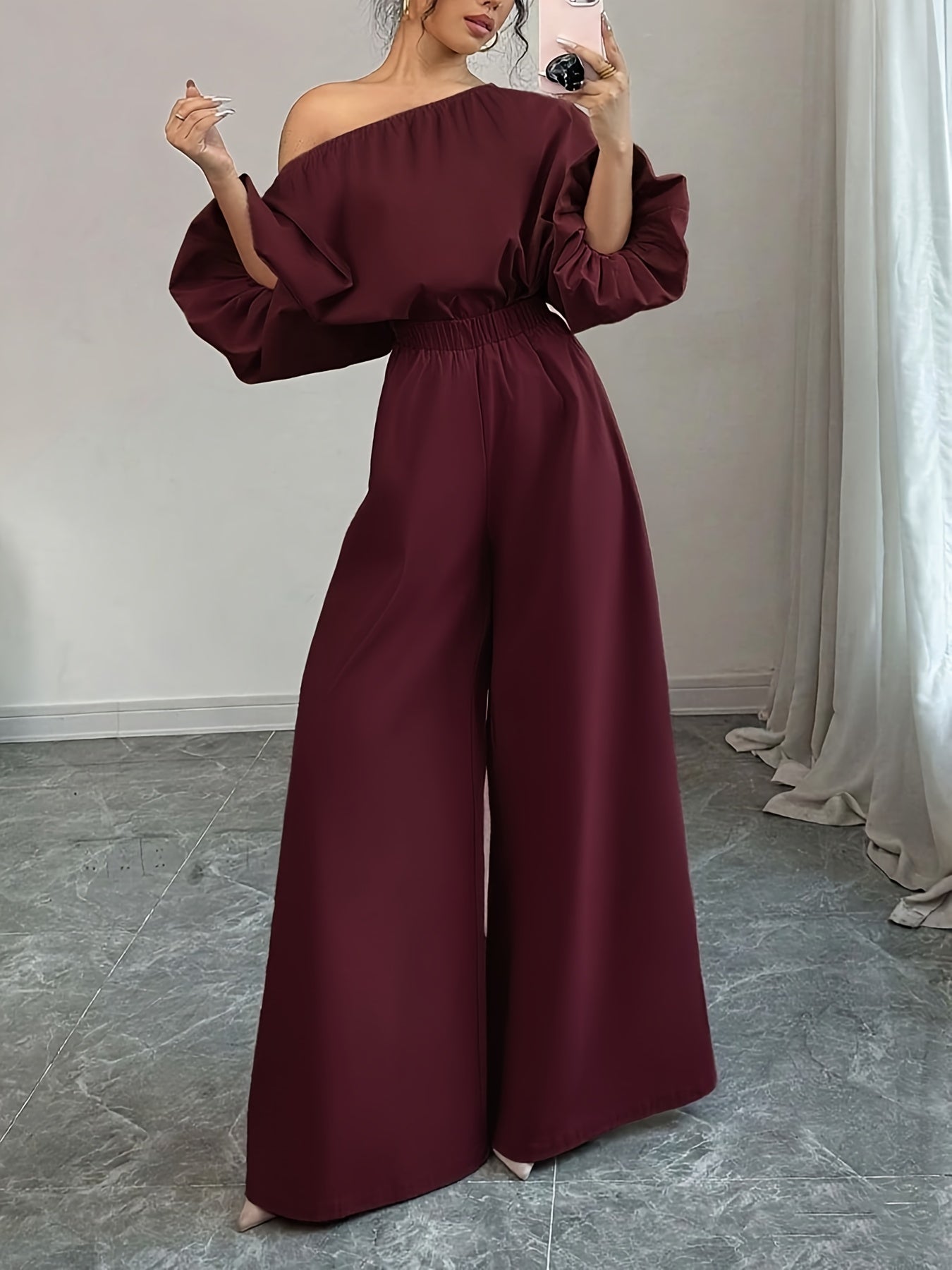 Women's Elegant Navy Blue Elegant Two-Piece Set - Structured One-Shoulder Bubble Sleeve Top & High-Waisted Wide-Leg Pants, Solid Color Winter Outfit with Puffed Sleeves, Machine Washable Formal & Everyday Winter Attire for Fa