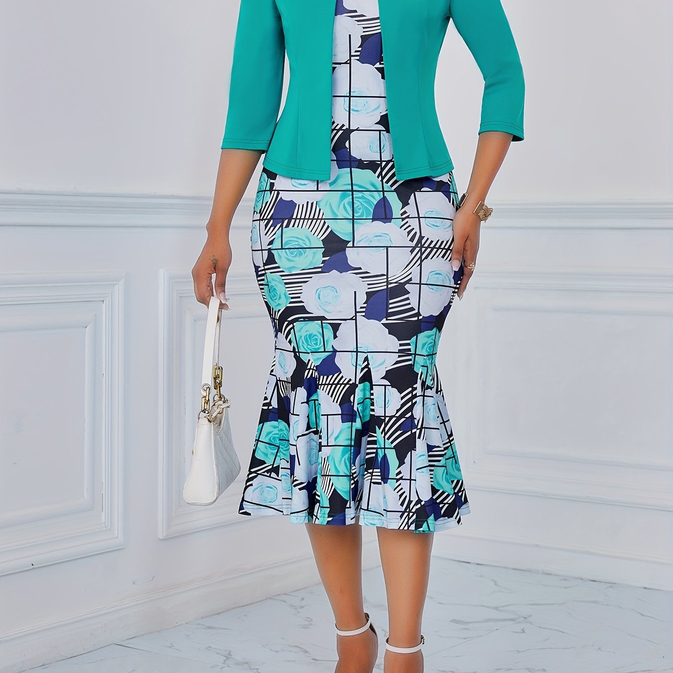 Elegant Spring Dress Set - Solid Color Open Front Outerwear & Floral Print Crew Neck Sleeveless Mermaid Dress Outfits - For Women - Perfect for Spring & Summer - Ideal Gift for Women