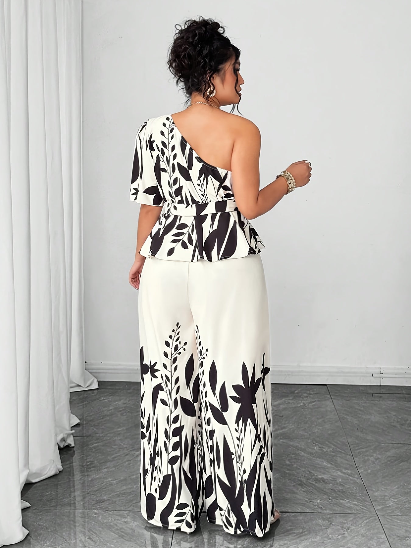 Plus Size - Plus Size - Plus Size Women'S Elegant Black & White Floral Off-Shoulder Two-Piece Set with Adjustable Waist Bow Tie - Slim-Fit Pantsuit, Structured Non-Stretch Fabric for Casual to Semi-Formal Events, Beach Outfit
