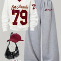 Women'S Los Angeles 79 Letter & Number Print Top and Pants Set | V-Neck Color Block Long Sleeve Top with Wide Leg Casual Pants | All-Season Fashion Outfit, Medium Stretch Fabric, Off the Shoulder Style, Casual Wear|Vneck Top|