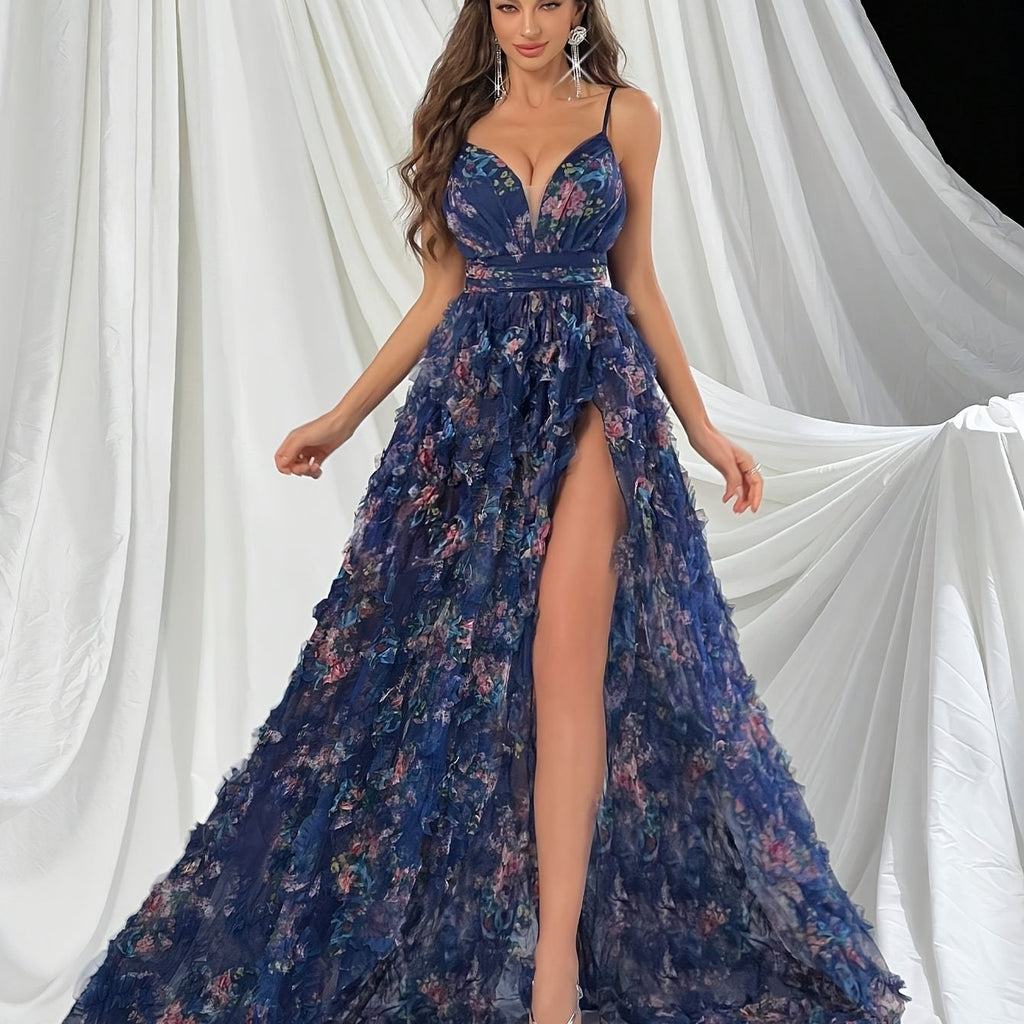Summer Chic] Elegant Women's Floral Print Ruffled Mesh Evening Gown with Side Slit Hem, Sleeveless Maxi Dress for Summer Parties & Formal Events, Deep Blue with Vibrant Floral Print Patterns, A-Line Silhouette, Polyester Fabr