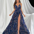 Summer Chic] Elegant Women's Floral Print Ruffled Mesh Evening Gown with Side Slit Hem, Sleeveless Maxi Dress for Summer Parties & Formal Events, Deep Blue with Vibrant Floral Print Patterns, A-Line Silhouette, Polyester Fabr
