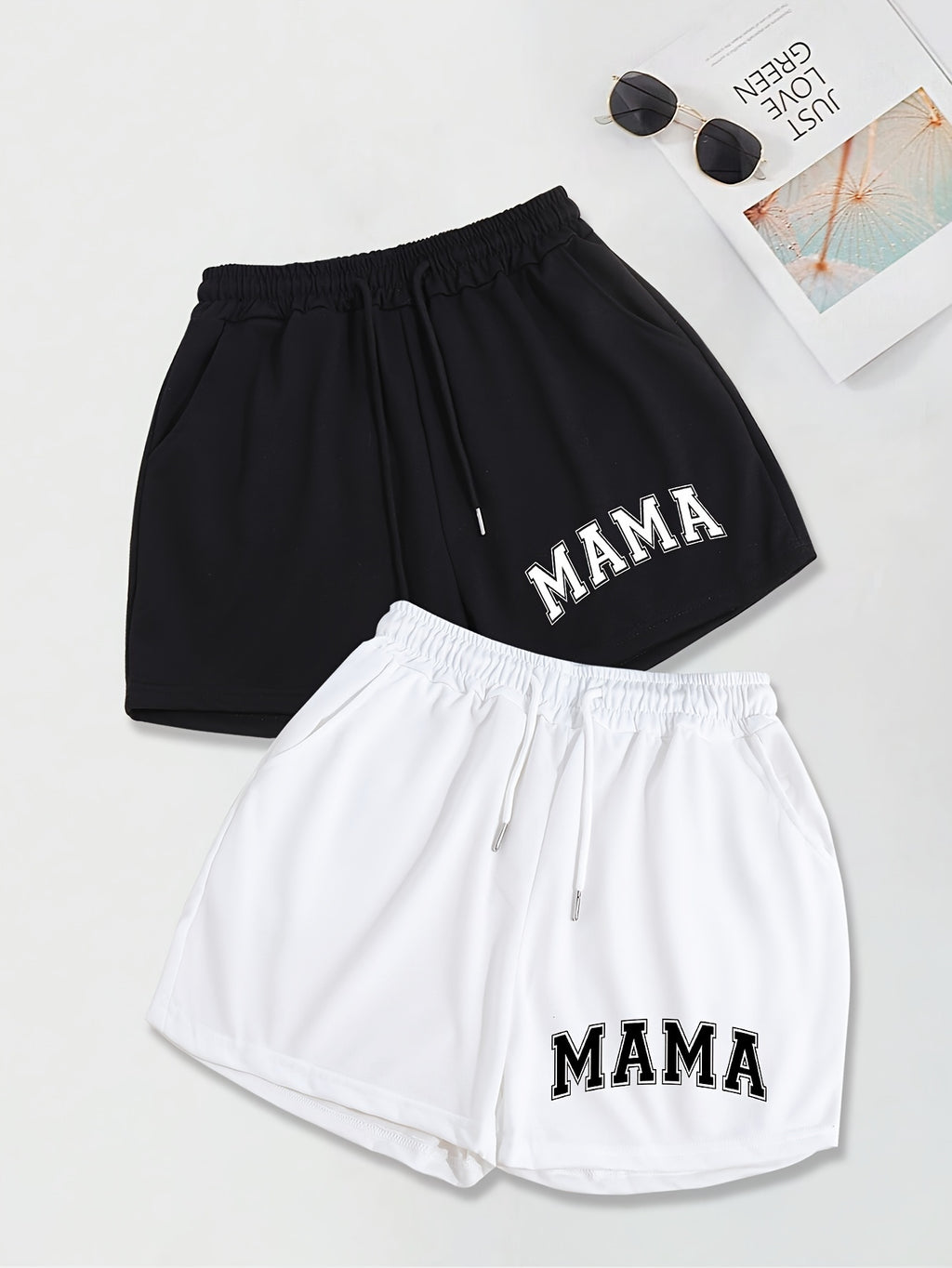 2 Pack Slant Pocket Elastic Waist Shorts, Mama Print Casual Drawstring Shorts Outfits for Women