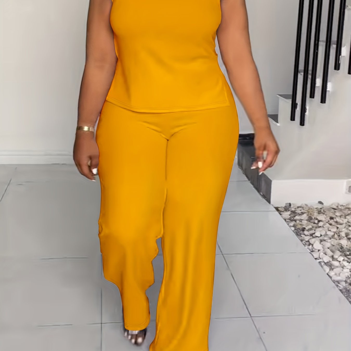 Plus Size Elegant Lash Sets - High Neck, Split Sleeveless Top & Slit Hem Pants, Medium Stretch Polyester, Machine Washable, Solid Color, No Printing - Summer Outfits for Women
