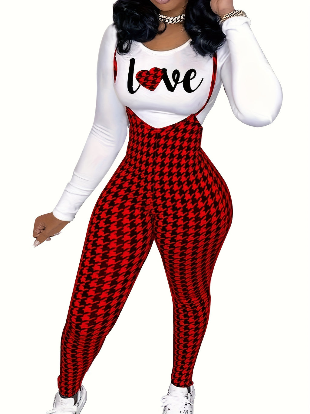 two-piece Houndstooth Print Long Sleeve T-Shirt & Cami Jumpsuit Set, Women's Casual Outfit