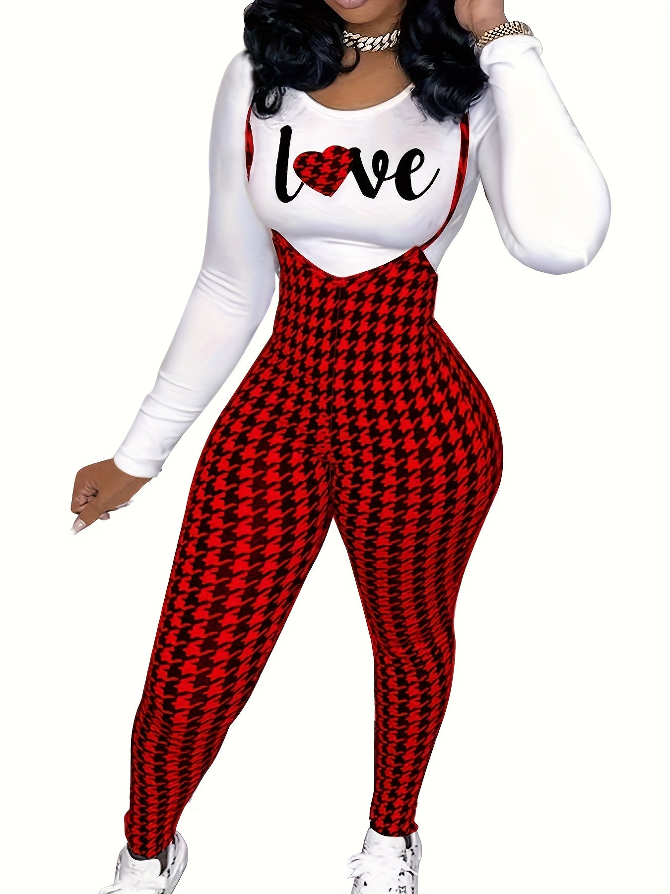 two-piece Houndstooth Print Long Sleeve T-Shirt & Cami Jumpsuit Set, Women's Casual Outfit