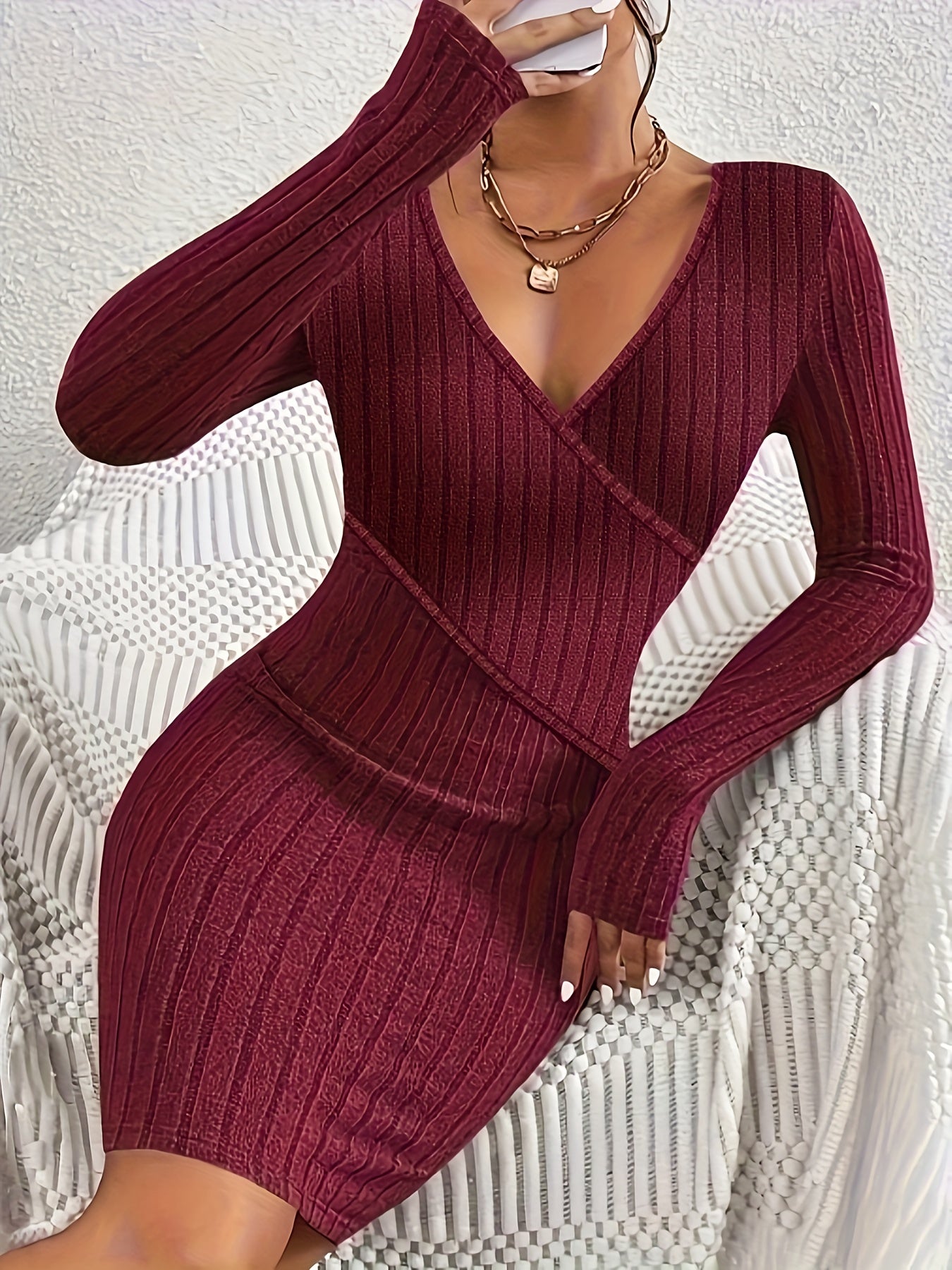 Vibrant Ribbed Bodycon Dress - Elegant Women's Long Sleeve V Neck Dresses for Everyday Wear - Solid Color, Comfortable, and Flattering