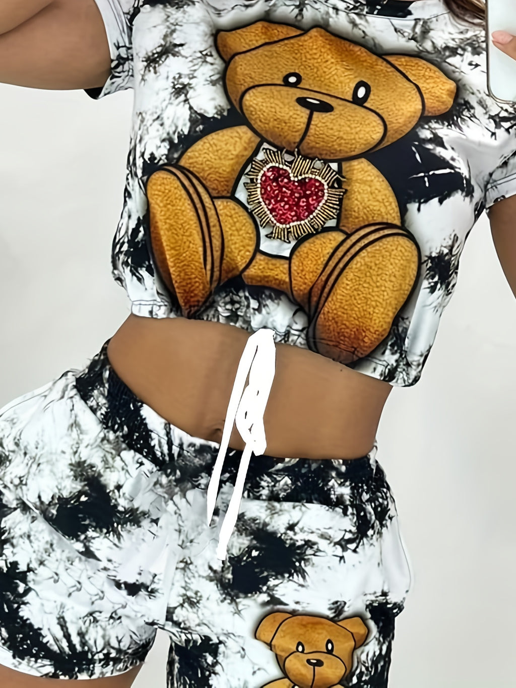Cartoon Bear Print Two-piece Set, Drawstring Short Sleeve Tee & Elastic Waist Shorts Outfits, Women's Clothing