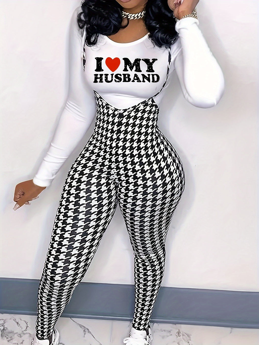 two-piece Houndstooth Print Long Sleeve T-Shirt & Cami Jumpsuit Set, Women's Casual Outfit