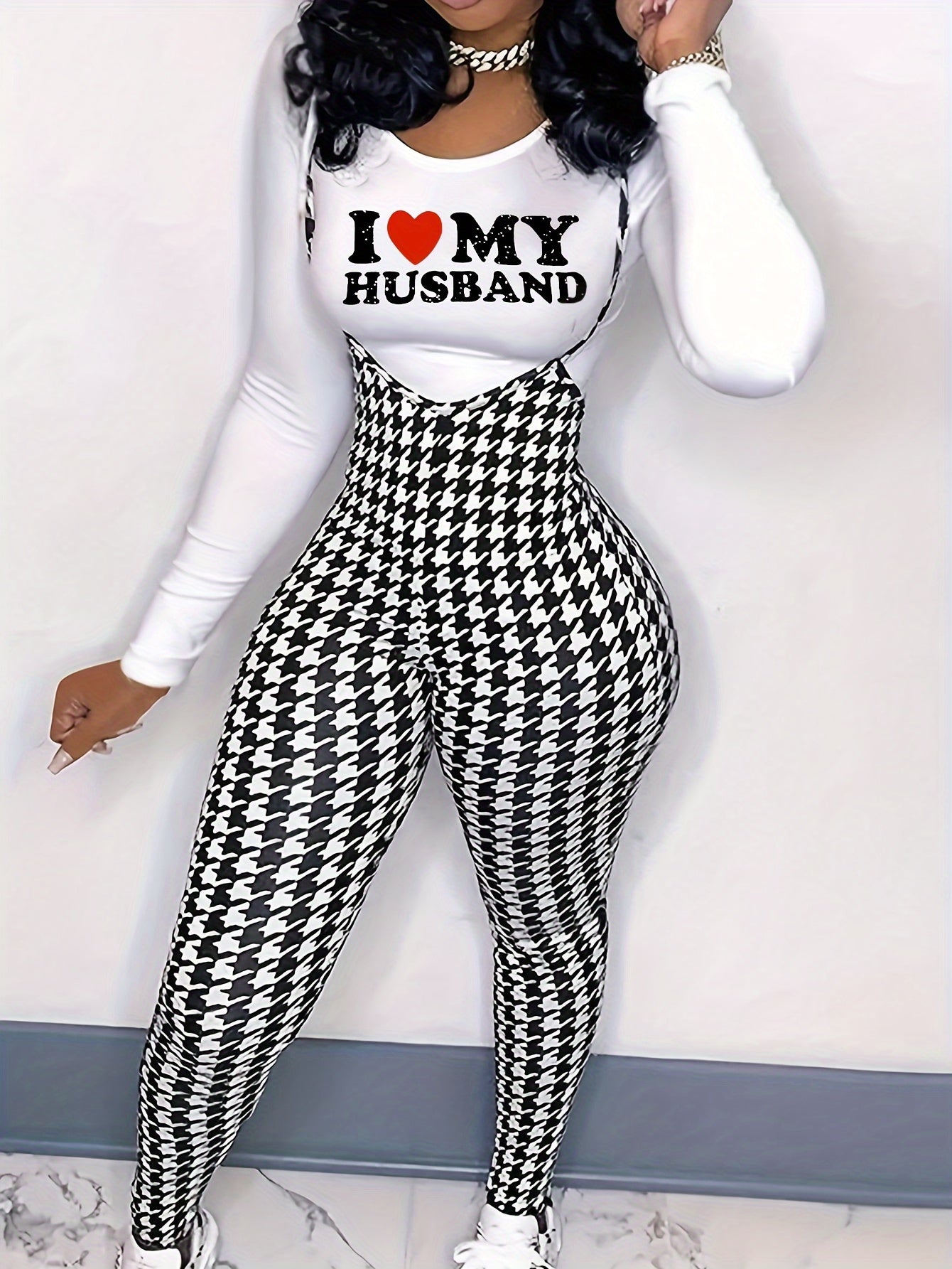 two-piece Houndstooth Print Long Sleeve T-Shirt & Cami Jumpsuit Set, Women's Casual Outfit