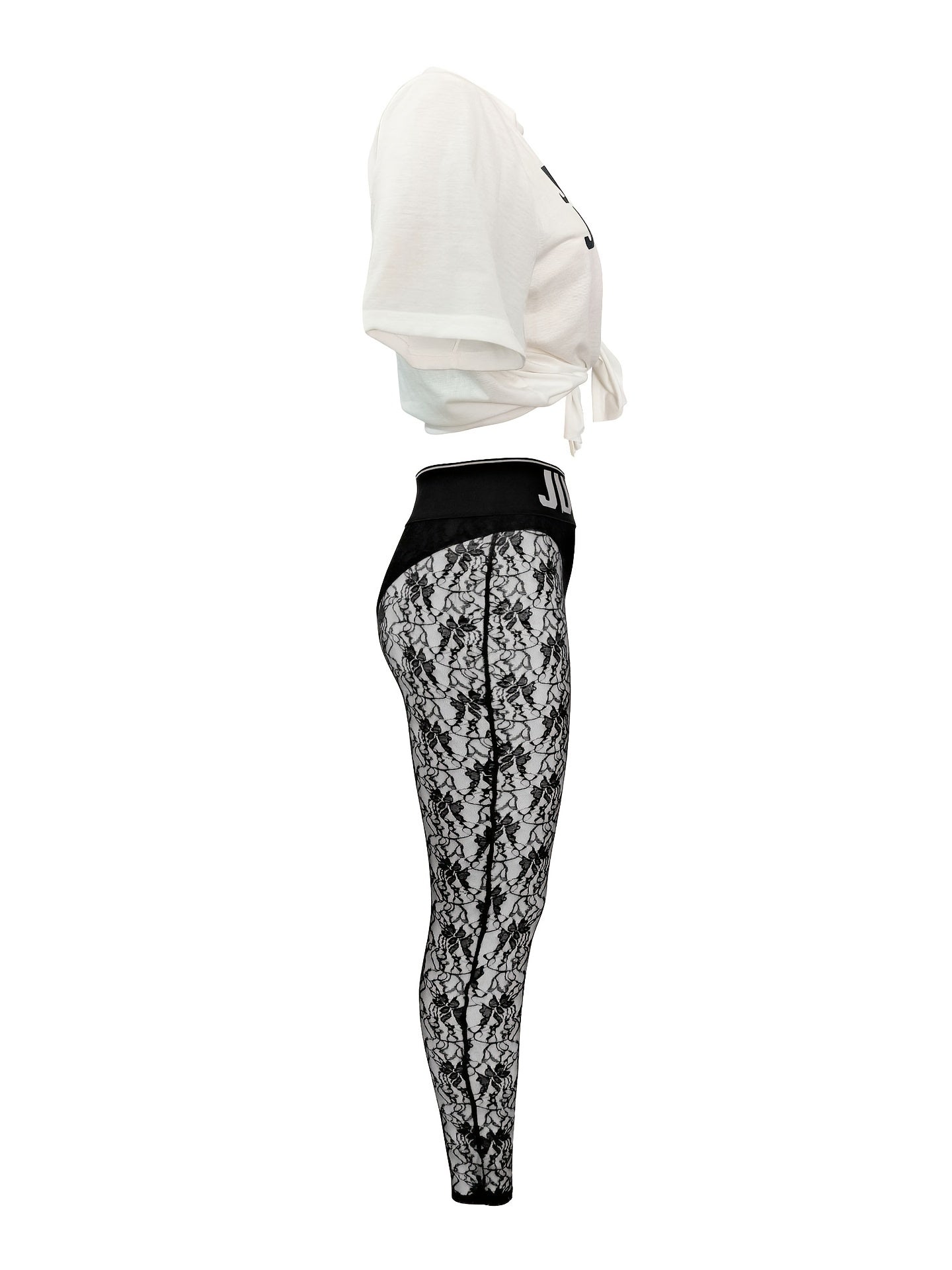 Two-Piece Hourglass Figure Flattering Set - Short Sleeve Crop Top & High Waist Semi-Sheer Lace Pants Outfit with Applique Details, Micro Elasticity, and Positioning Printing - Perfect for Spring/Summer Vacation