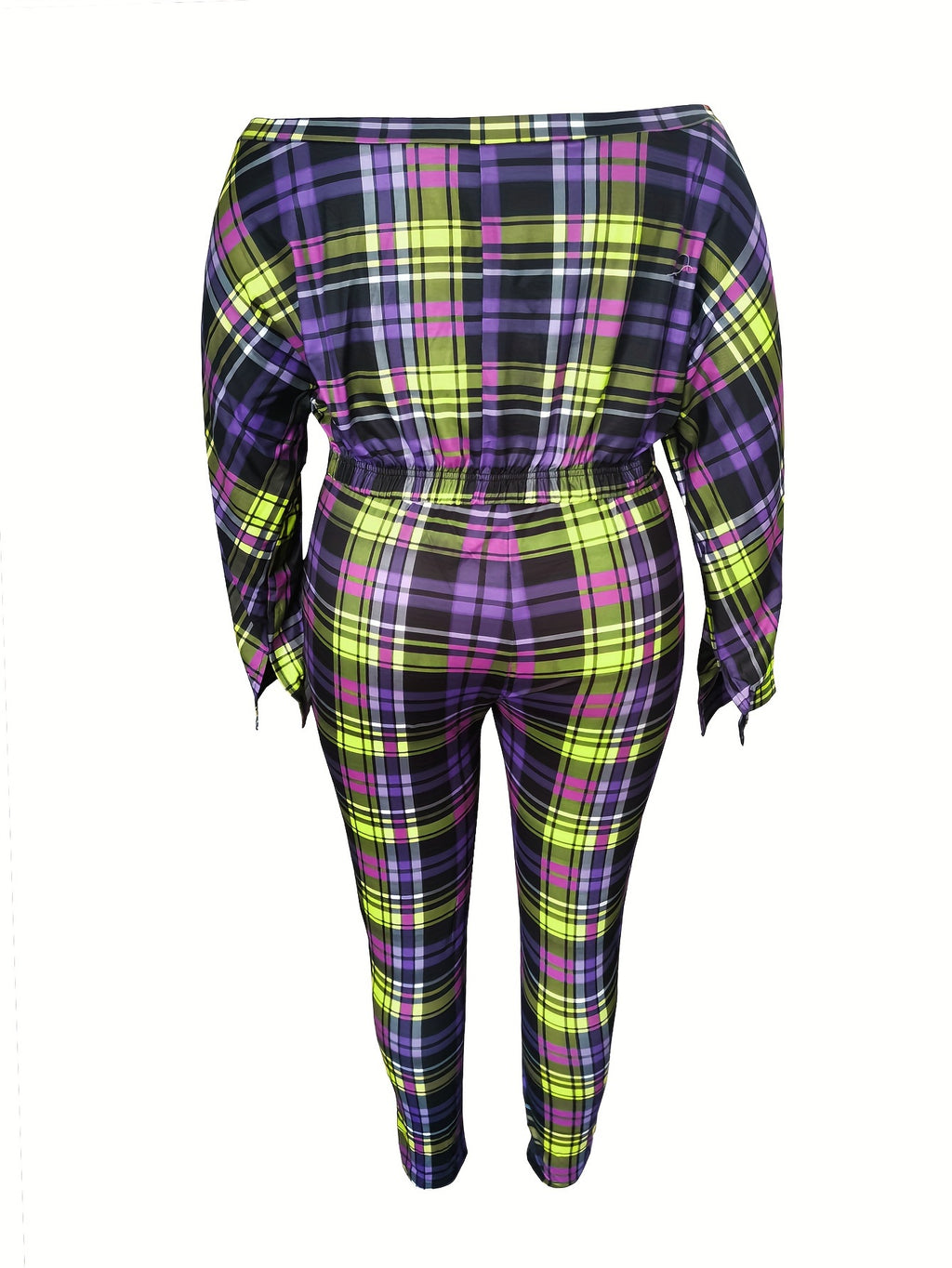 Plus Size Sexy Outfits Set, Women's Plus Plaid Print Twist Front Off Shoulder Long Sleeve Crop Top & Leggings Outfits Two Piece Set