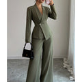 2pcs/ set Elegant Waist-Defined Suit Set for Women | Olive Green Asymmetric Blazer + Wide-Leg Trousers Two-Piece, Perfect for Spring/ Fall Office and Sophisticated Social Occasions, Suits For Women Elegant Classy, Trouser Sui
