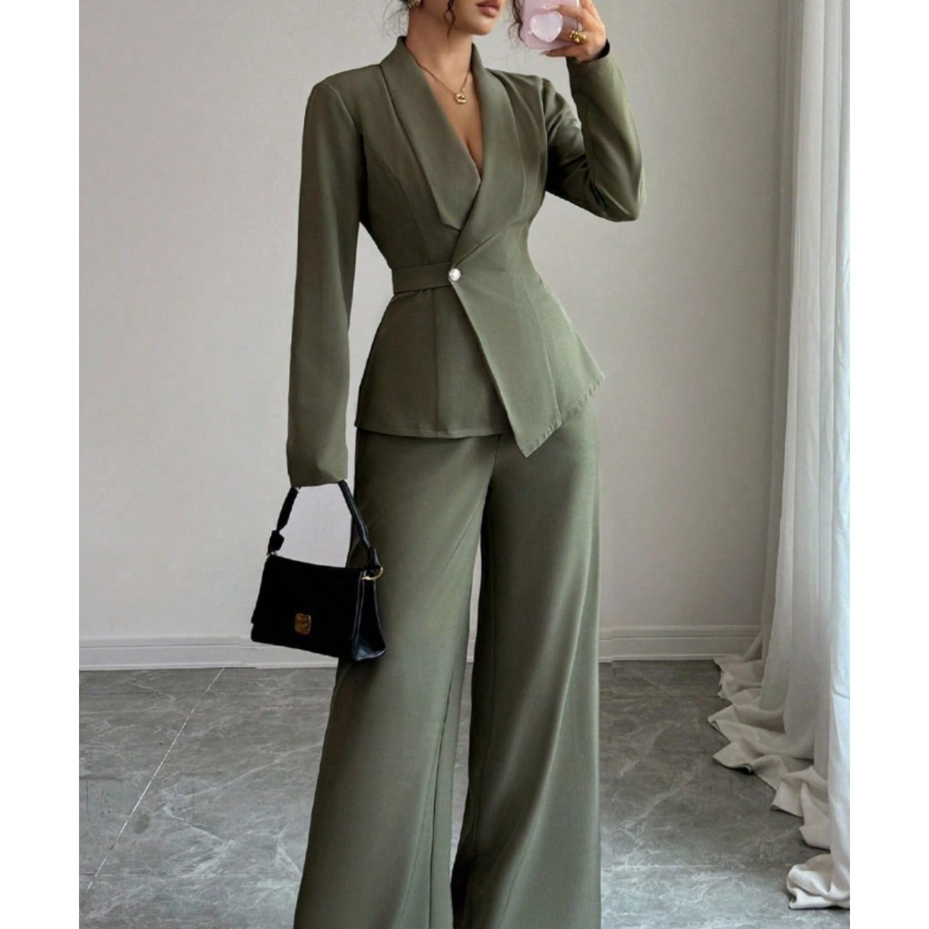 2pcs/ set Elegant Waist-Defined Suit Set for Women | Olive Green Asymmetric Blazer + Wide-Leg Trousers Two-Piece, Perfect for Spring/ Fall Office and Sophisticated Social Occasions, Suits For Women Elegant Classy, Trouser Sui