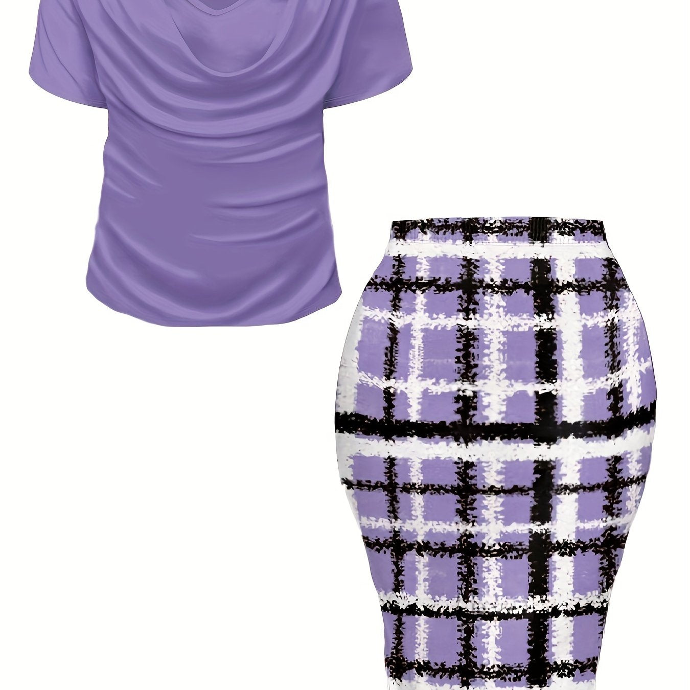 Women's Plus Size Plaid Print Two-piece Set, Cowl Neck Short Sleeve Top & Skirt Outfits -  For Women Size 14-24 - Casual & Stylish - Perfect for Fall/Winter - Great Gift for Fashionable Women