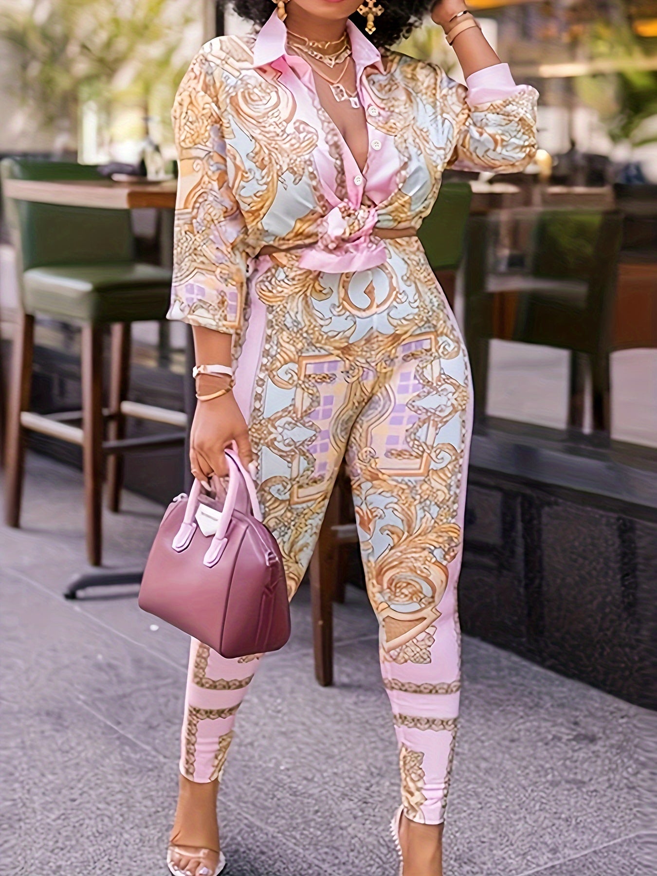 [Plus Size British Print] Plus Size British Print | Two-Piece Pencil Long Sleeve Set