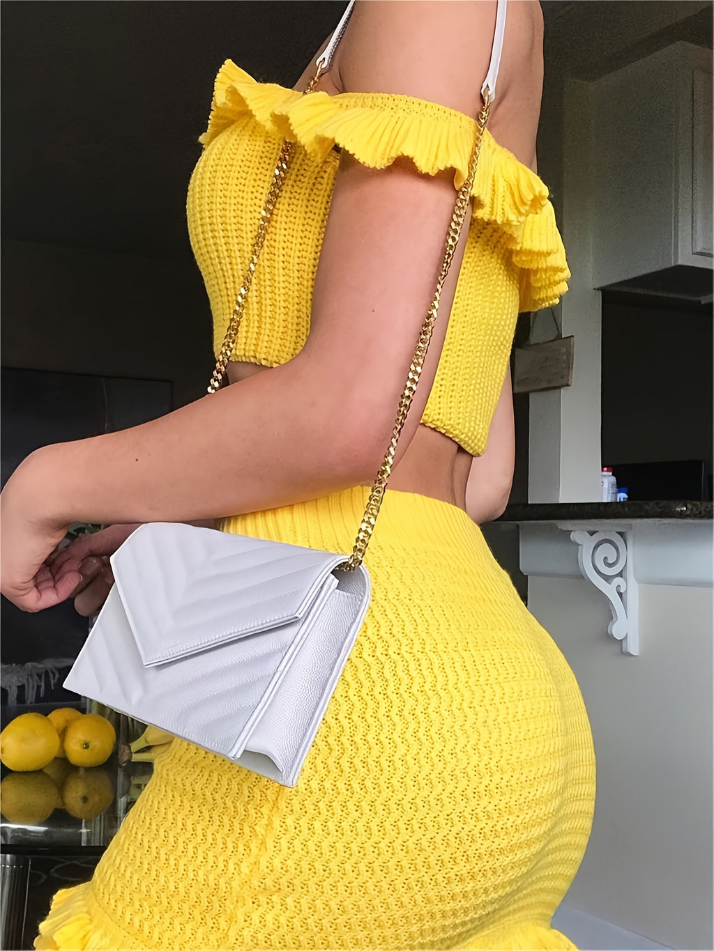 Sleeveless Ruffle Trim Knit Slim Skirt Set: Crew Neck Crop Top & Bodycon Mini Skirt Outfits for Women
