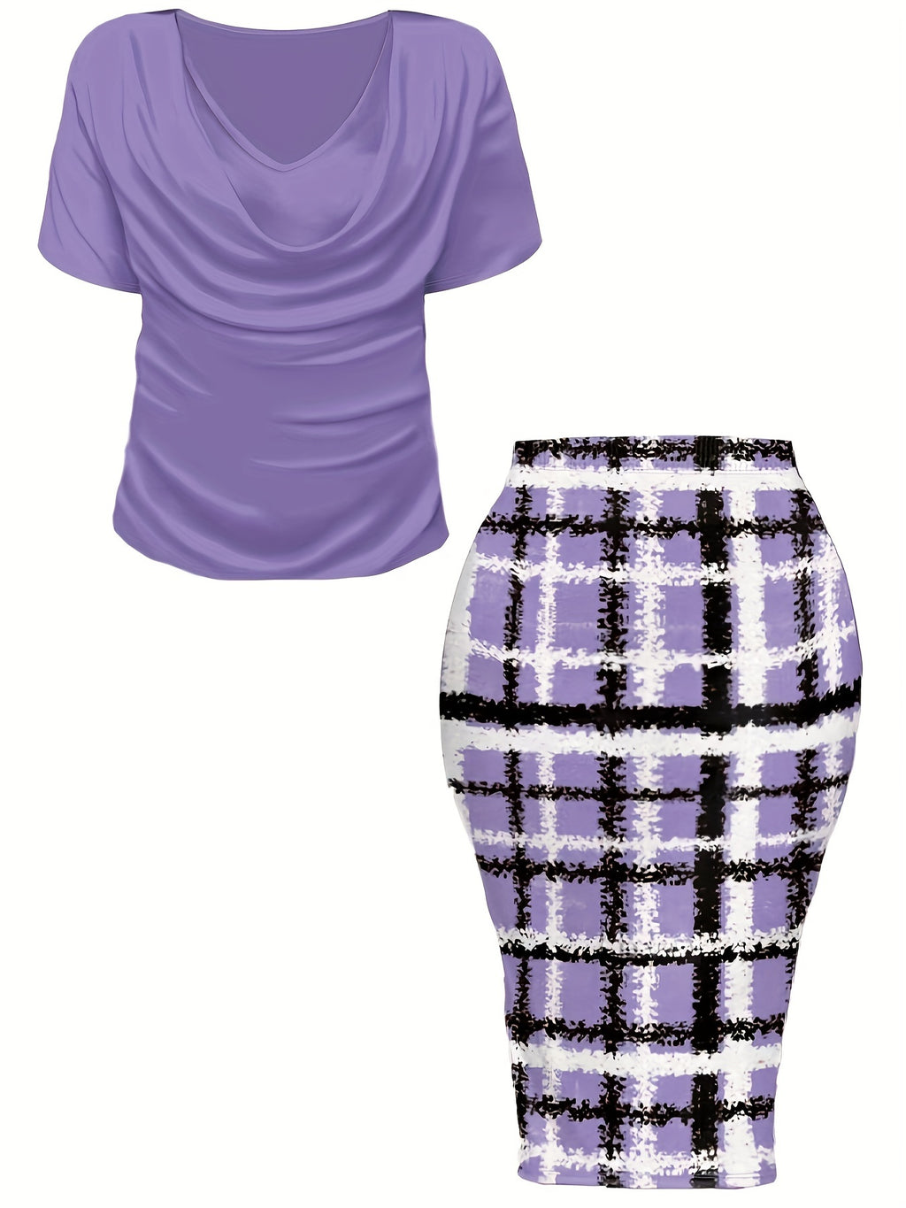 Women's Plus Size Plaid Print Two-piece Set, Cowl Neck Short Sleeve Top & Skirt Outfits -  For Women Size 14-24 - Casual & Stylish - Perfect for Fall/Winter - Great Gift for Fashionable Women