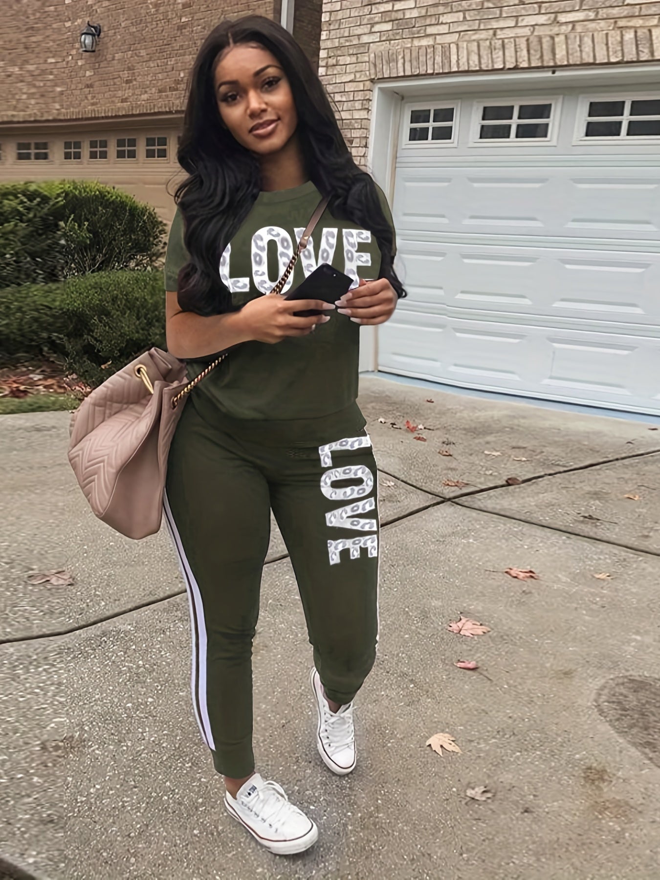 Casual Letter Print Two-piece Set, Short Sleeve T-shirt & Side Striped Pants Outfits - Women's Clothing -  Stylish & Comfortable - For Casual Wear - Perfect Gift for Fashionable Women