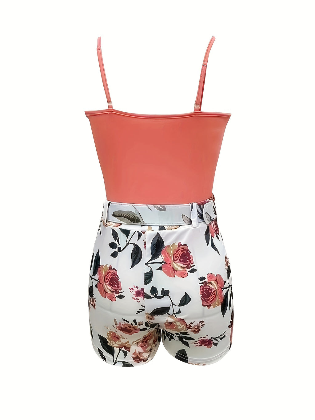 Casual Two-piece Set For Spring & Summer, Surplice Neck Cami Top & Floral Print Belt Shorts Outfits, Women's Clothing