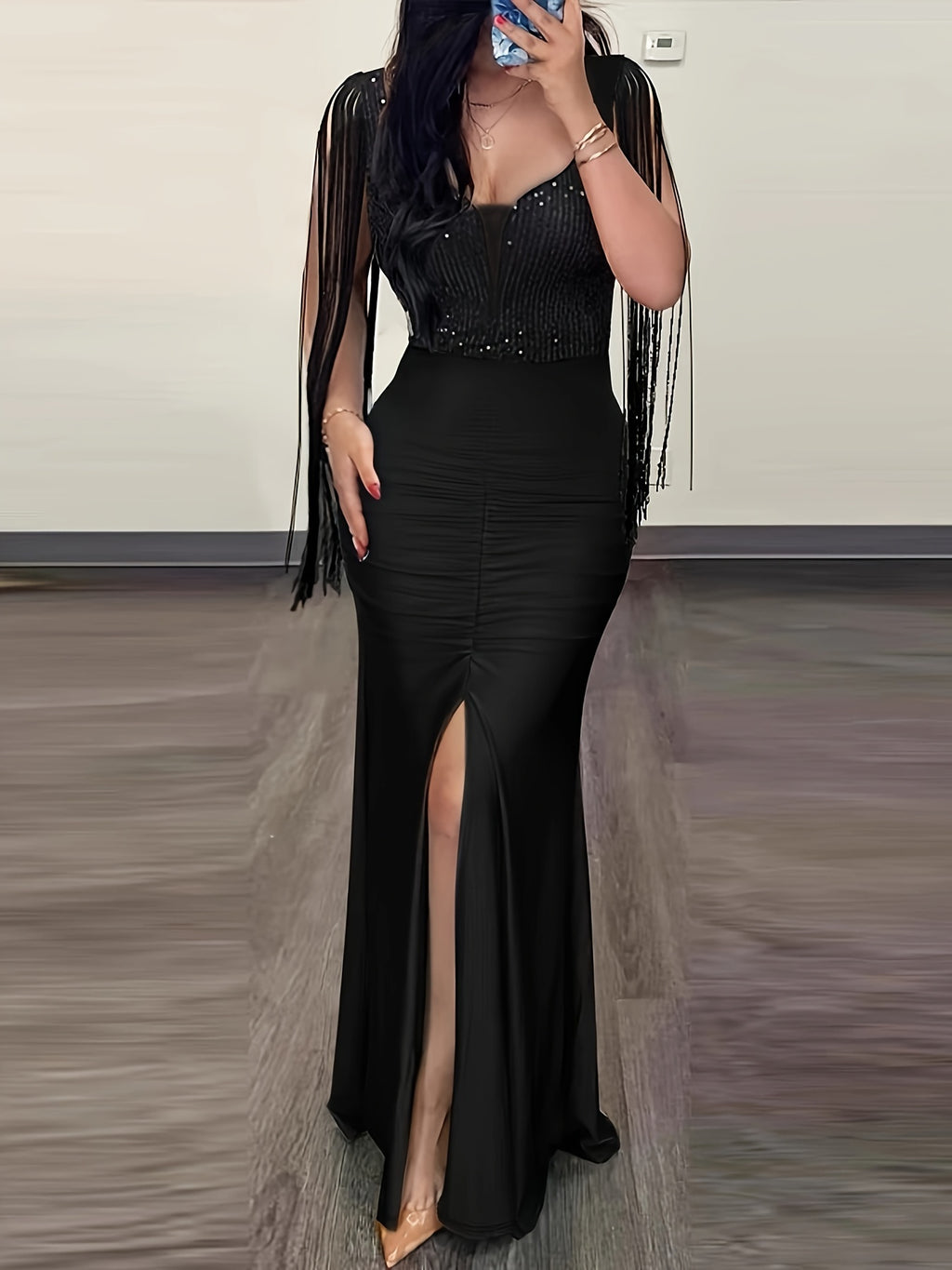 Stunning Solid Tassel Trim Bodycon Dress - Women's Party Dresses with Elegant Cut Out Back Split Thigh Design, Figure-Hugging Silhouette, and Chic Accessories for a Glamorous Night Out