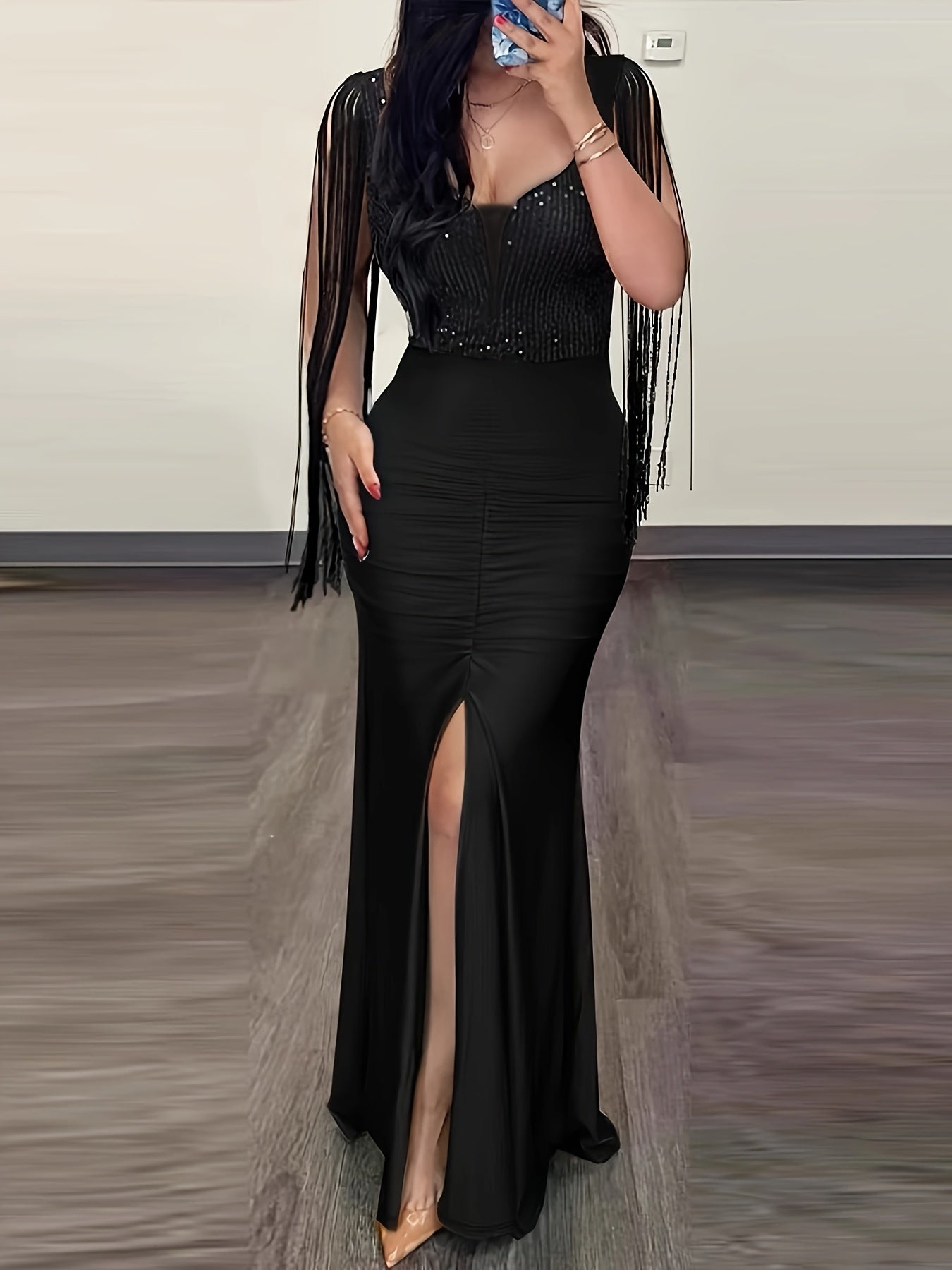 Stunning Solid Tassel Trim Bodycon Dress - Women's Party Dresses with Elegant Cut Out Back Split Thigh Design, Figure-Hugging Silhouette, and Chic Accessories for a Glamorous Night Out