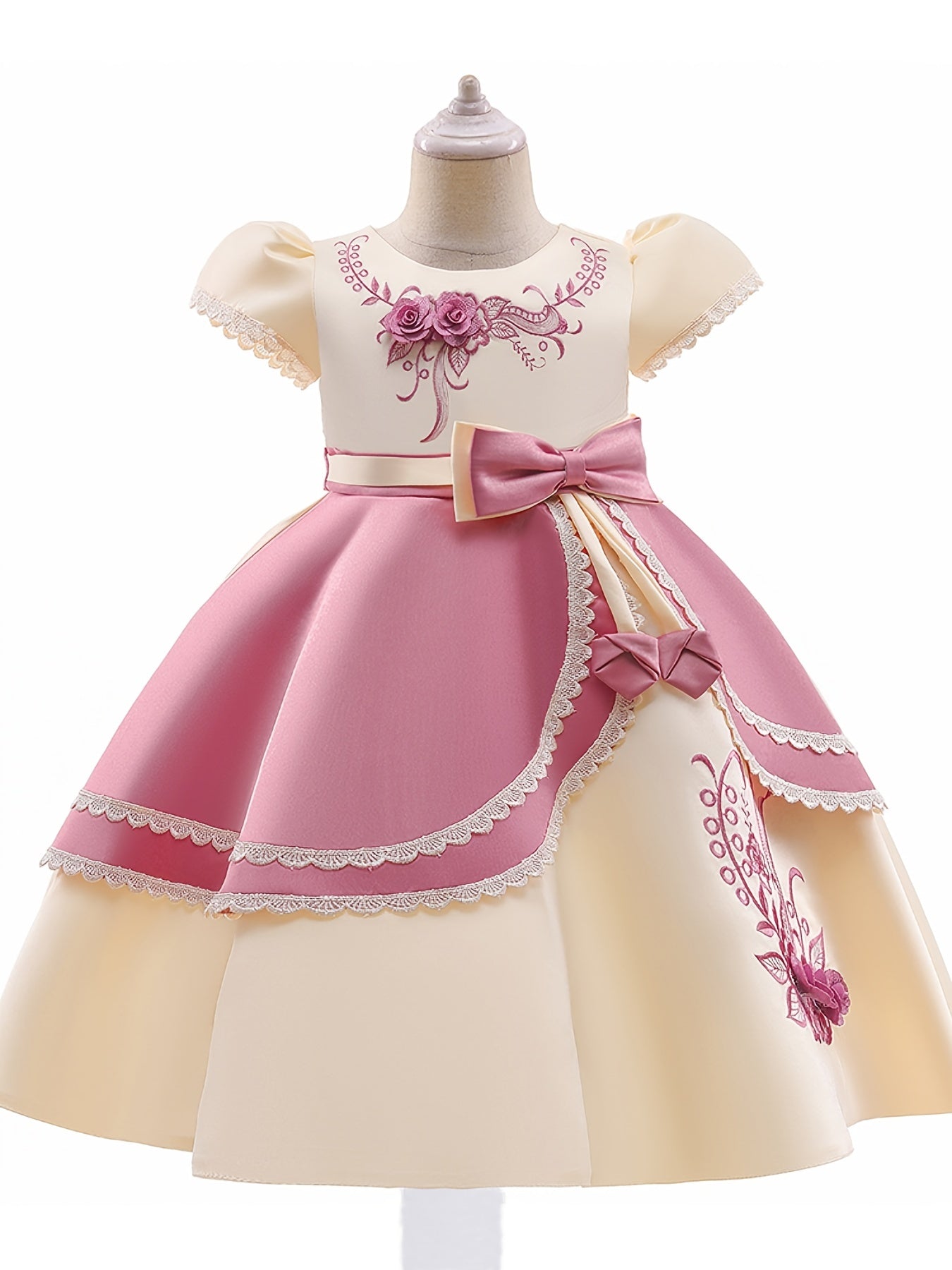 Girls Princess Dress Short Sleeve Embroidered Flower Bow Lace Dress Performance Dress Wedding Flower Girls For Evening Birthday Party Kids Clothes