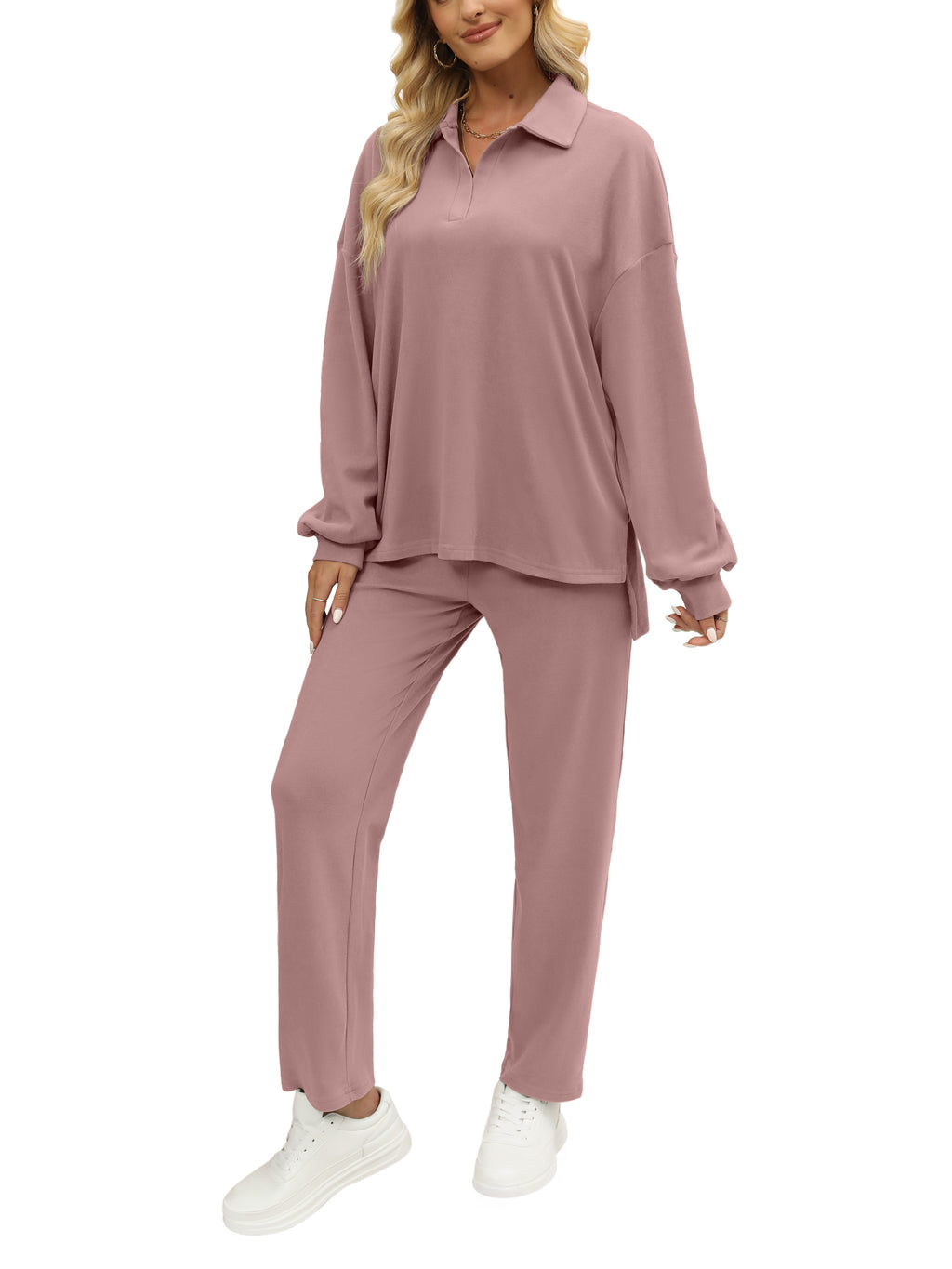 Two Pieces Outfits For Women Oversized Side Slit Sweatshirts&Comfortable Long Pants Sweatsuits