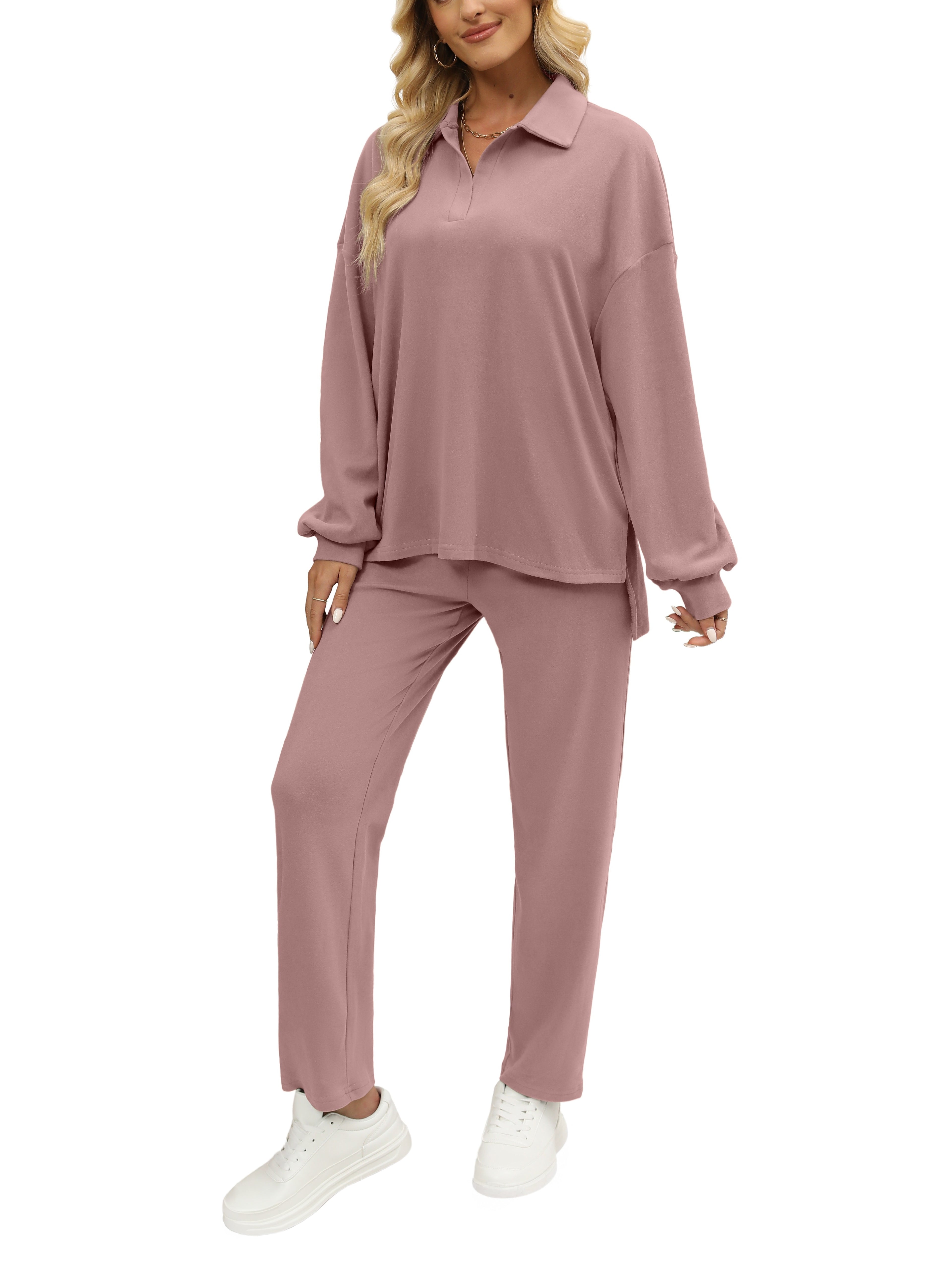 Two Pieces Outfits For Women Oversized Side Slit Sweatshirts&Comfortable Long Pants Sweatsuits