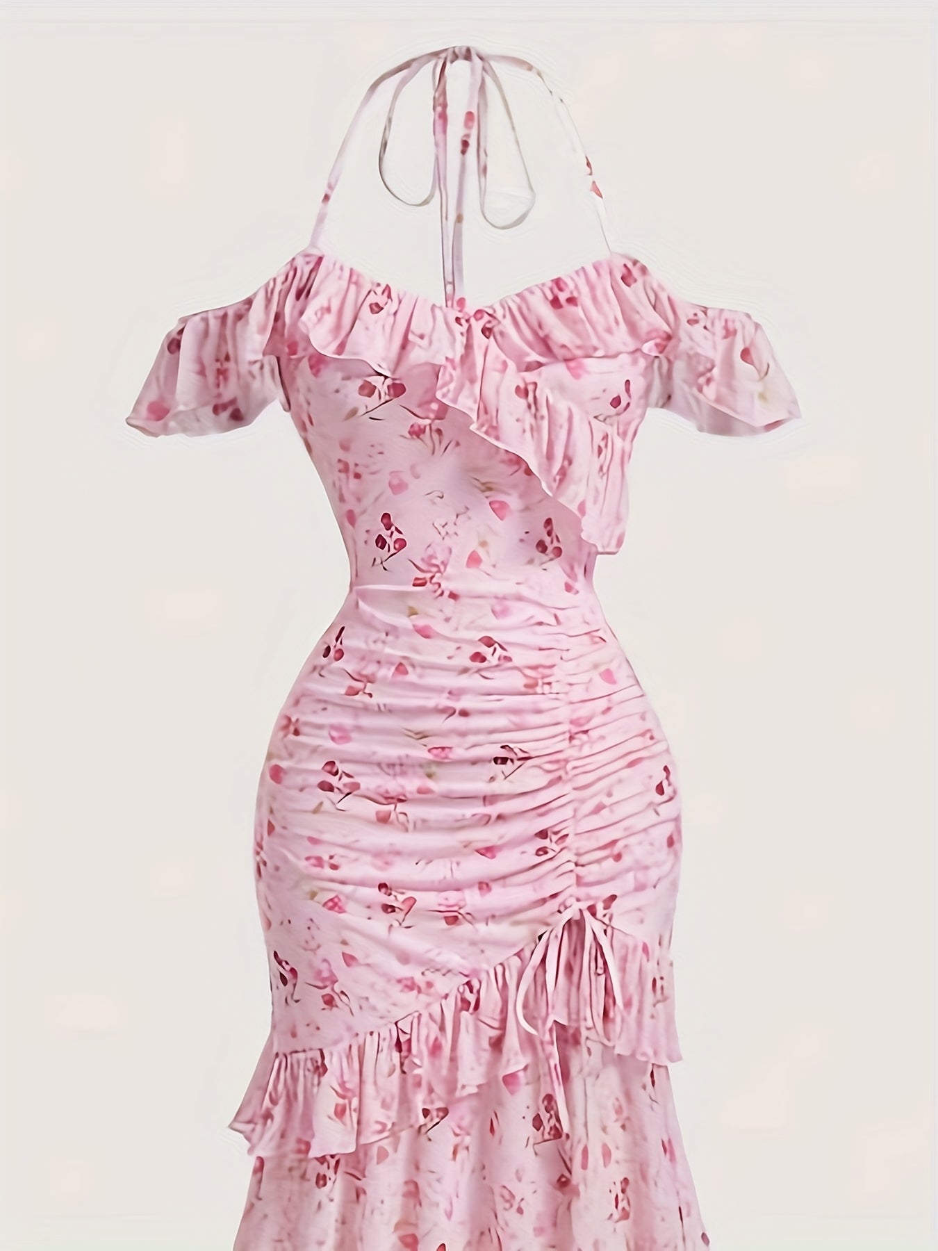 Women's Elegant Floral Print Off-Shoulder Summer Dress - Asymmetrical Ruffled Hem, High Elasticity Fitted Silhouette, Machine Washable for Casual & Formal Occasions, Cute Summer Dresses, Formal Occasion Wear, Stretchy Fabric,