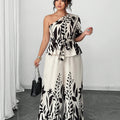 Plus Size - Plus Size - Plus Size Women'S Elegant Black & White Floral Off-Shoulder Two-Piece Set with Adjustable Waist Bow Tie - Slim-Fit Pantsuit, Structured Non-Stretch Fabric for Casual to Semi-Formal Events, Beach Outfit