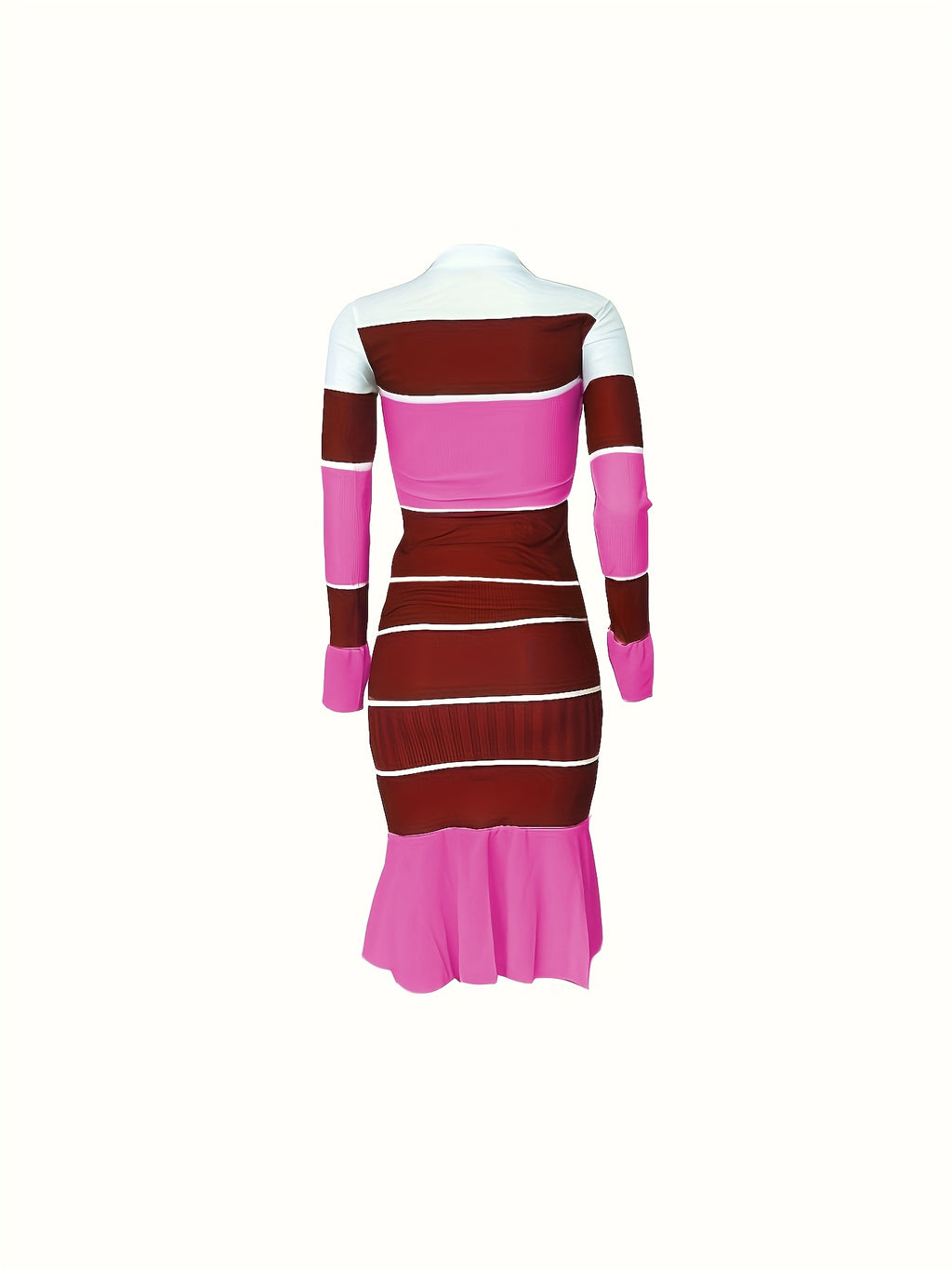 Casual Chic Color Block & Stripe Two-Piece Set - Cotton Blend Crew Neck Top with High-Elasticity Chiffon Skirt