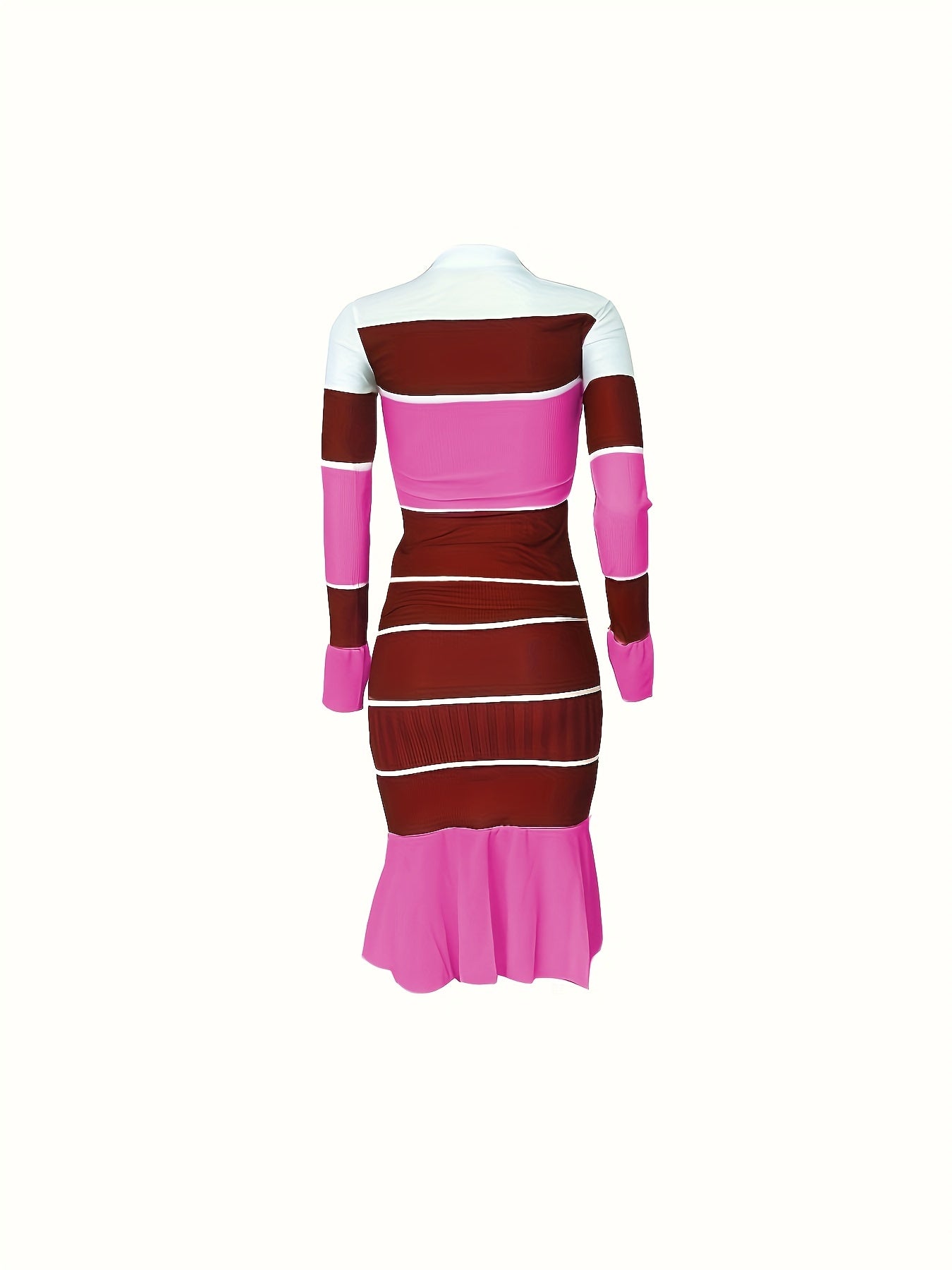 Casual Chic Color Block & Stripe Two-Piece Set - Cotton Blend Crew Neck Top with High-Elasticity Chiffon Skirt
