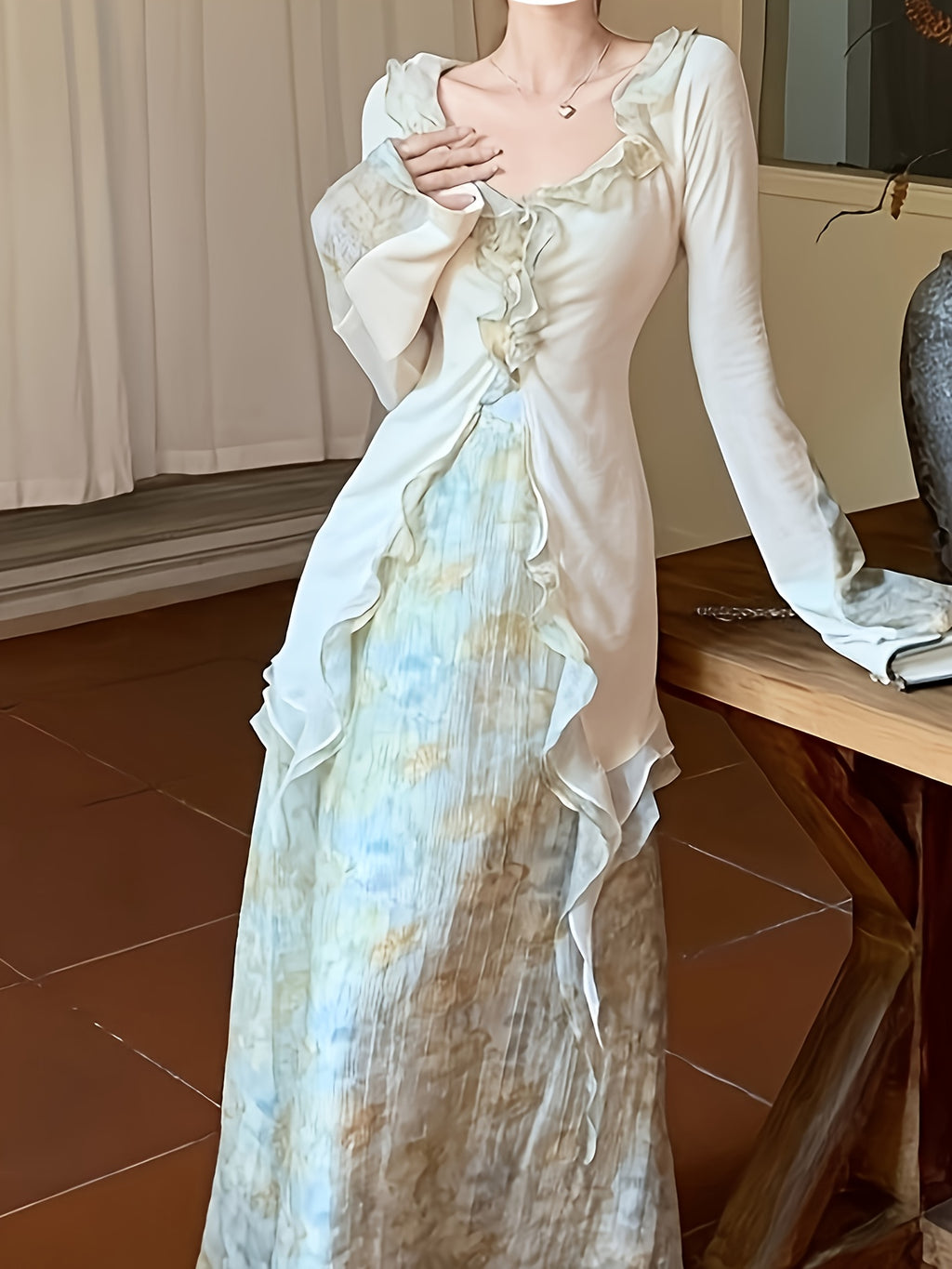 1pc Halter Dress + Cardigan - Women's Large Size Halter Dress Long Skirt Set Premium Sense Spring And Autumn New Chilled Wind Printed Women's Dresses, Ruffles Splicing Lace Sleeve Design, Super Suitable for Party Use, Gift fo