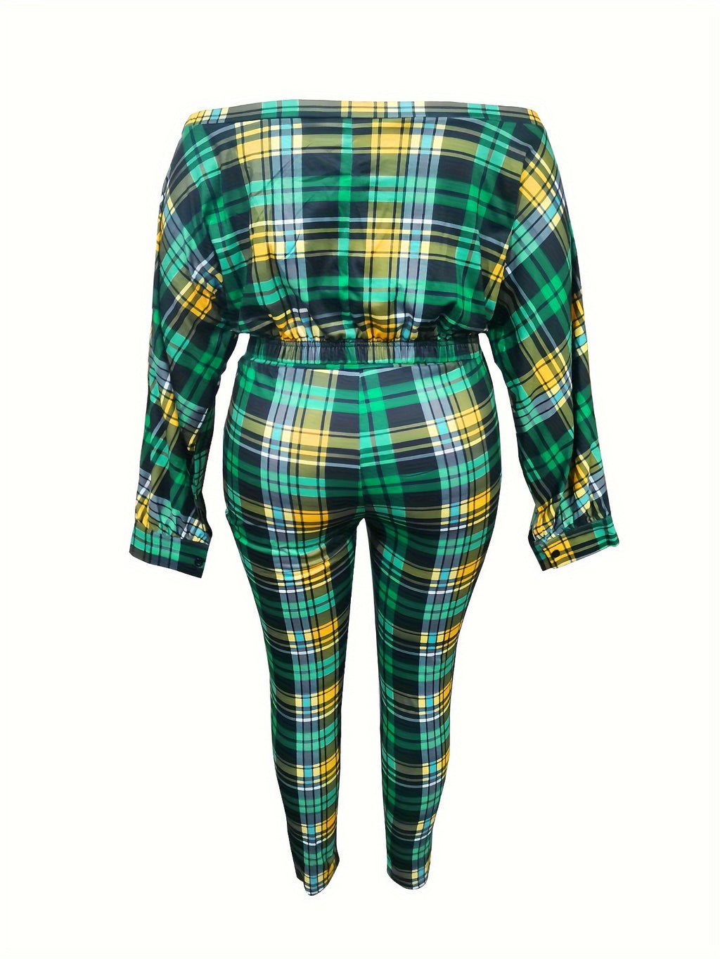 Plus Size Sexy Outfits Set, Women's Plus Plaid Print Twist Front Off Shoulder Long Sleeve Crop Top & Leggings Outfits Two Piece Set
