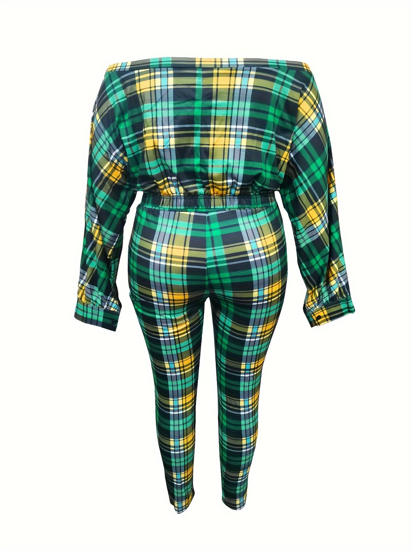 Plus Size Sexy Outfits Set, Women's Plus Plaid Print Twist Front Off Shoulder Long Sleeve Crop Top & Leggings Outfits Two Piece Set