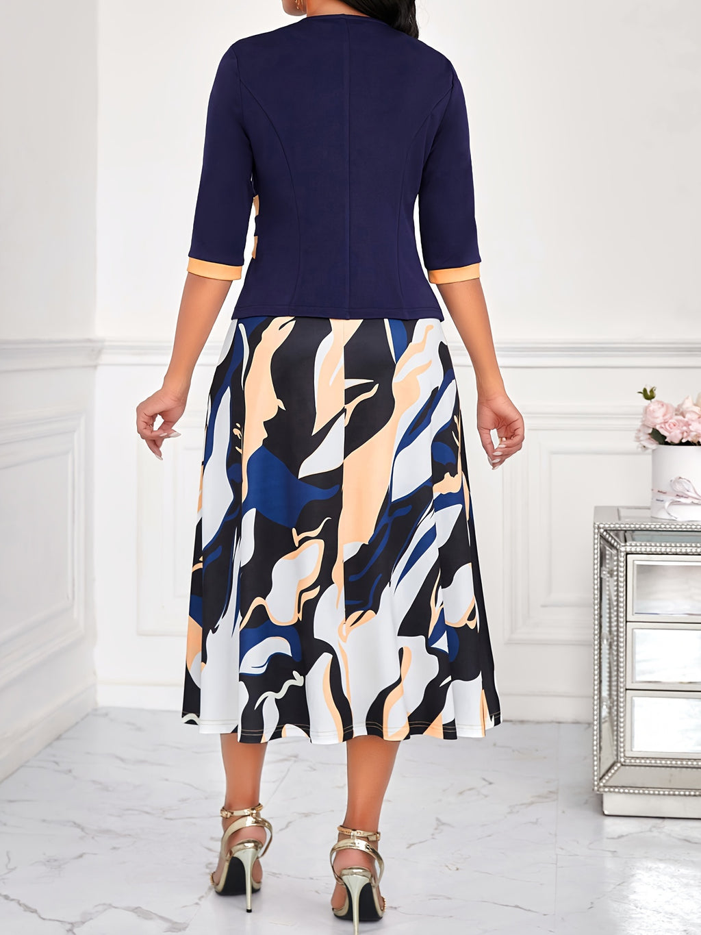 Three-quarter Sleeve Open Front Top & Sleeveless A-line Tank Dress Set, Chic Abstract Print, Elegant Crew Neck Outfits for Women, Perfect for Casual to Dressy Occasions