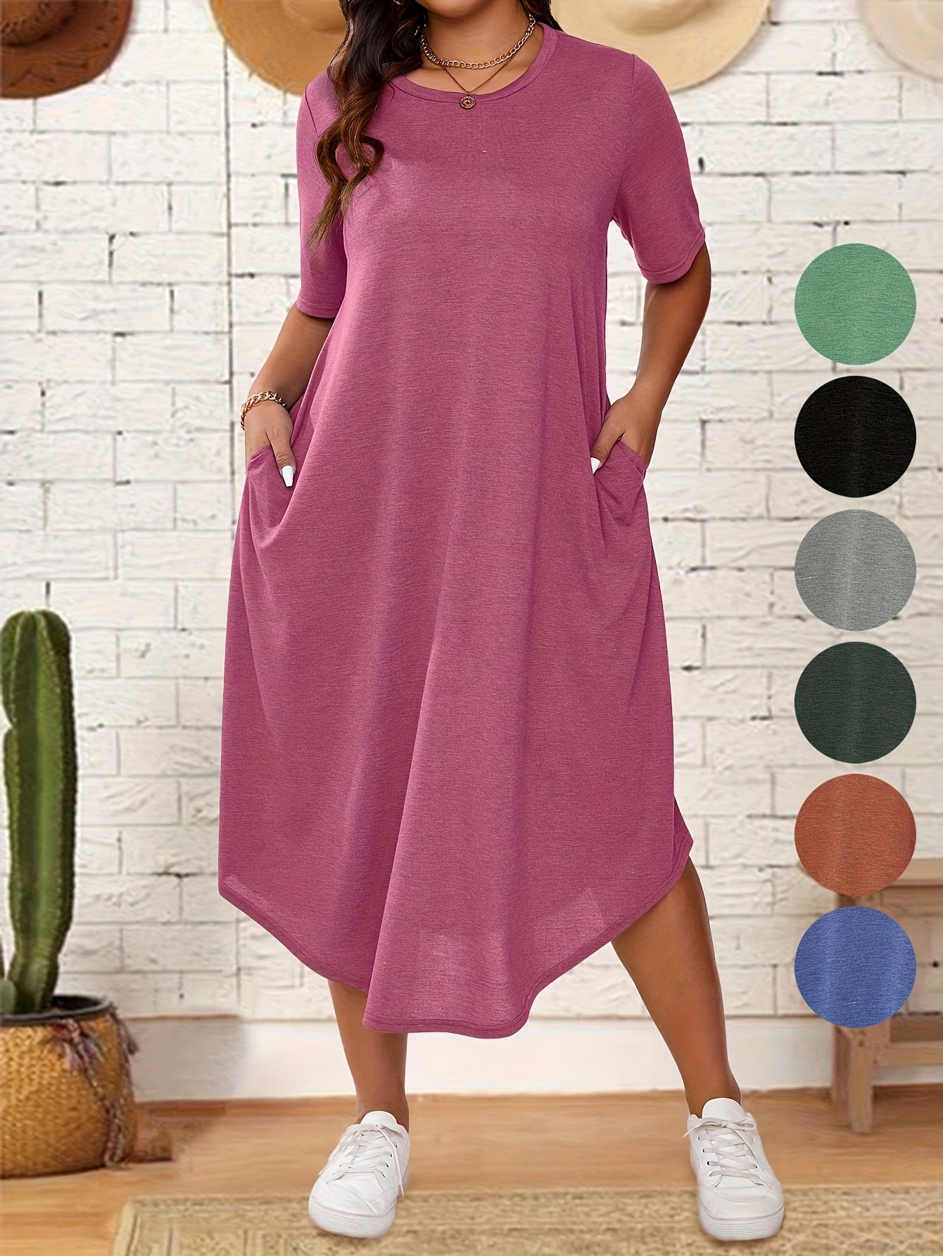 Plus Size Solid Color Dress, Casual Short Sleeve Crew Neck Dress for Spring & Summer, Women's Plus Size Clothing, Plus Size Dresses