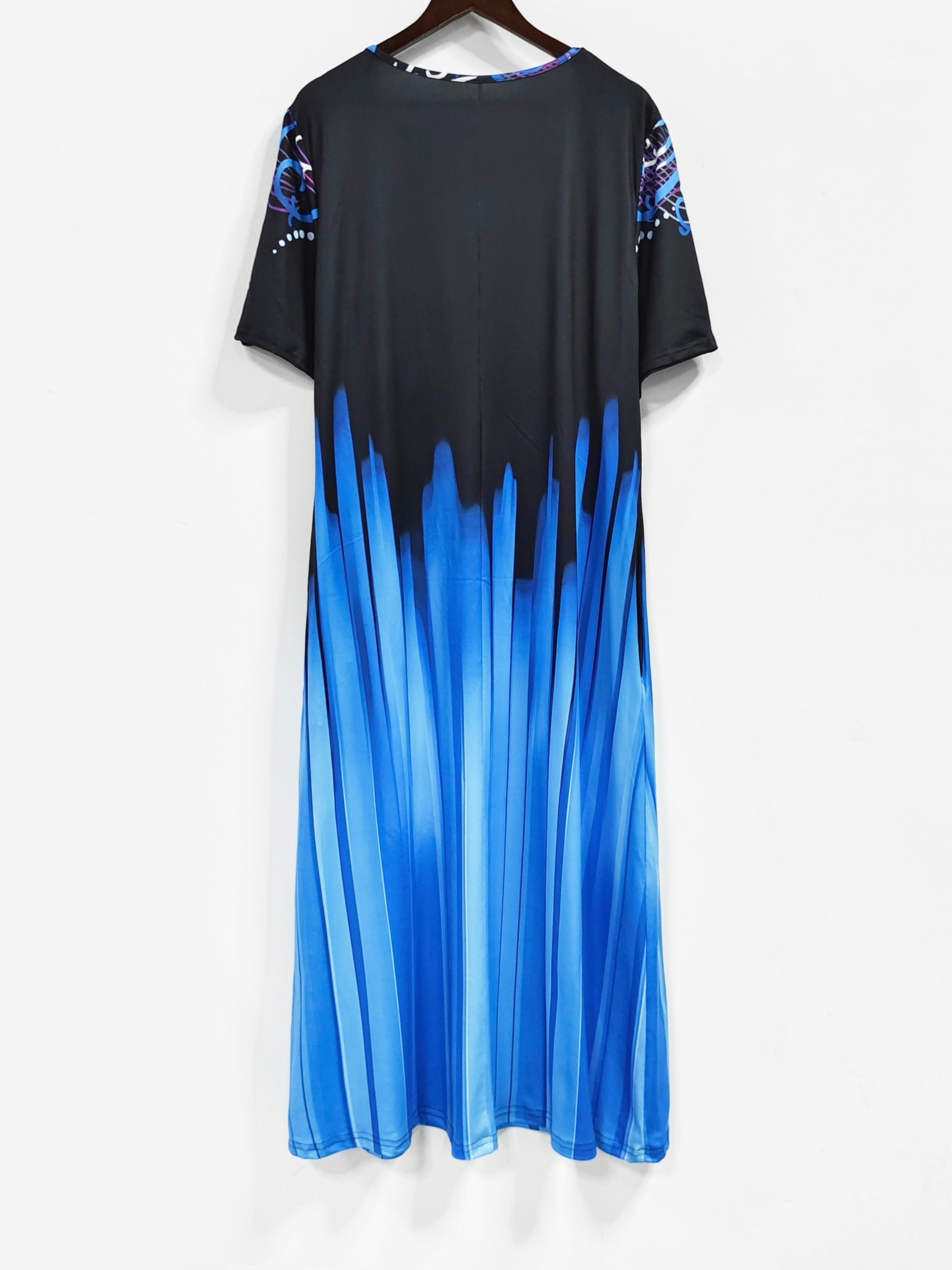 Plus Size Women's Casual Maxi Dress with Pockets - Short Sleeve, Round Neck, Floral & Ombre Print, Stretchy Polyester Blend, Machine Washable, Plus Size Dresses